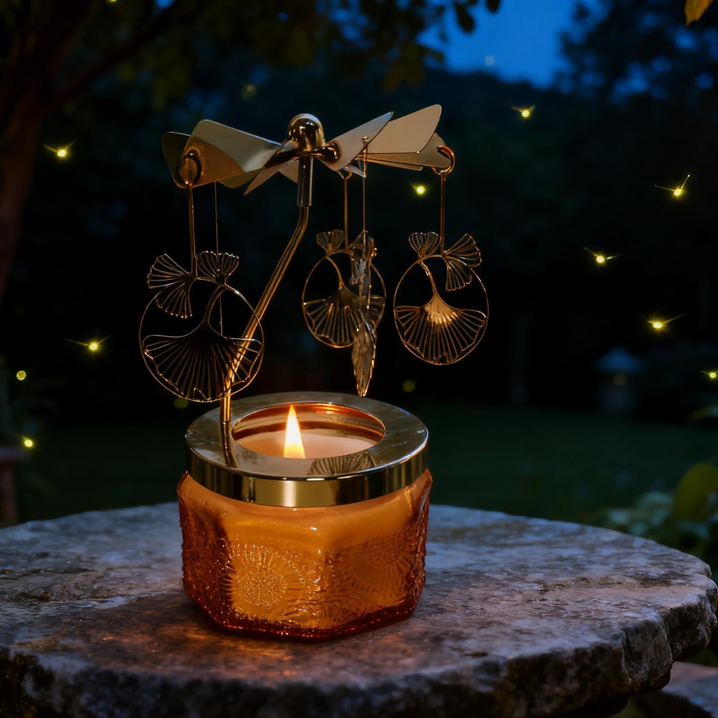 kingnero Lavender Scented Candle Carousel Rotary Candle Holder Spinning Tea Light Birthday Gifts for Women, Mom, Wife, Girlfriend, Sister, Female Friends, (Gold Ginkgo Leaf)