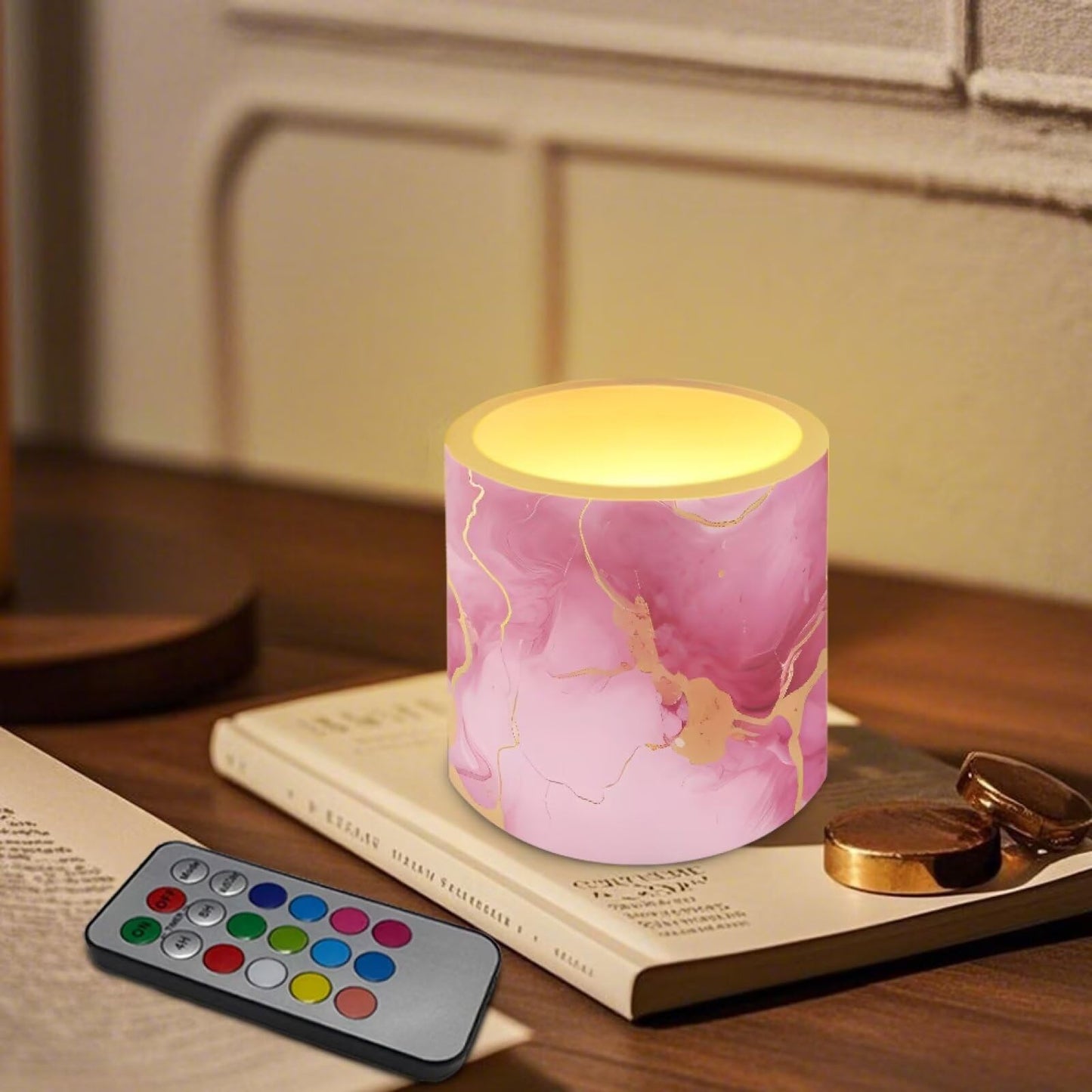 Cozeyat Pink Marble LED Candles Set of 4 Battery Powered Flameless with Remote Timer Flickering Flame Waterproof for Home Patio Table Decor