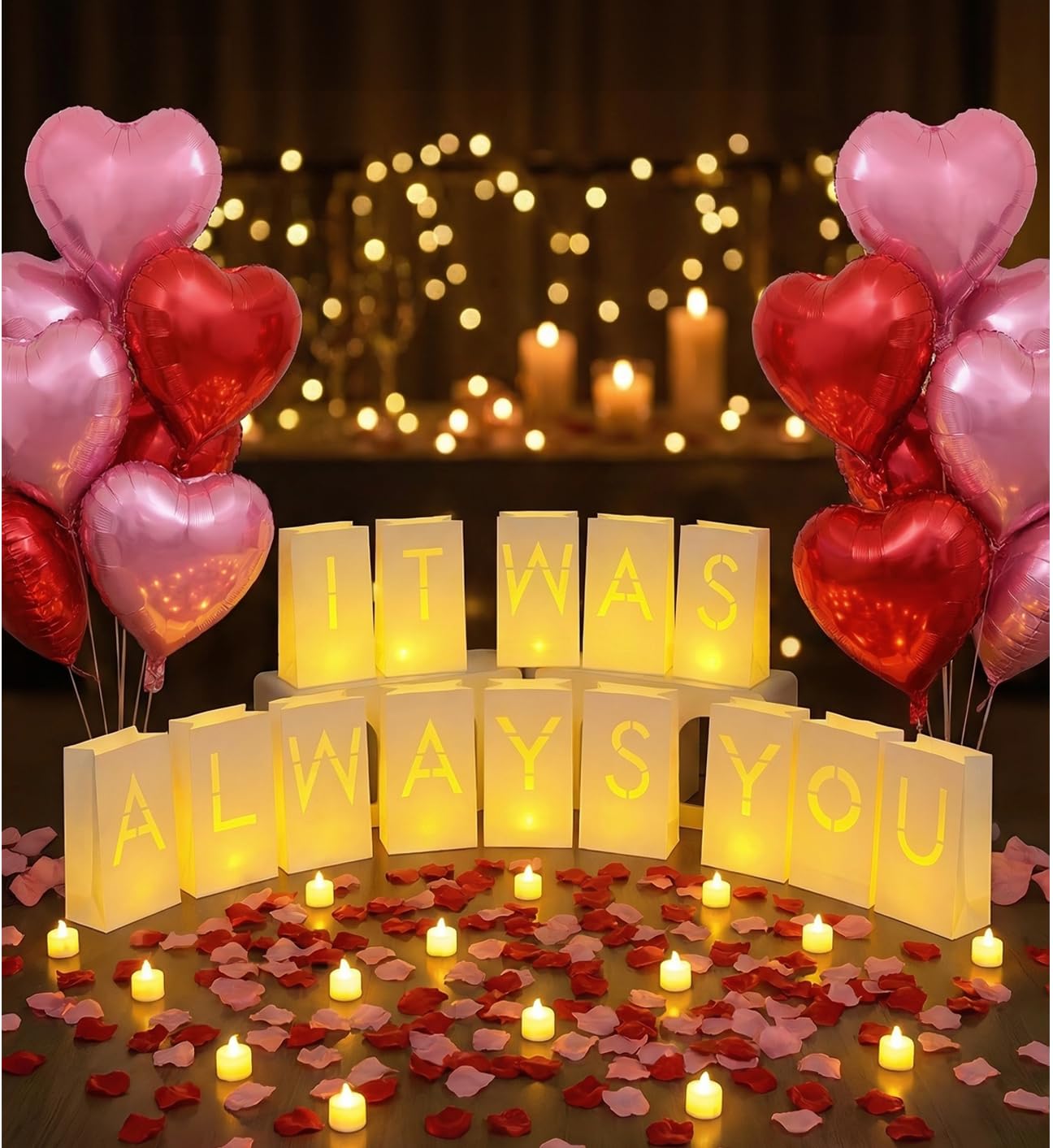JZLiner It was Always You Light Up Letters Include Romantic Fake Rose Petals and LED Candles Heart Balloons Set Decorations