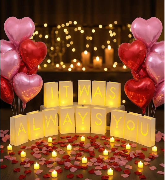 JZLiner It was Always You Light Up Letters Include Romantic Fake Rose Petals and LED Candles Heart Balloons Set Decorations