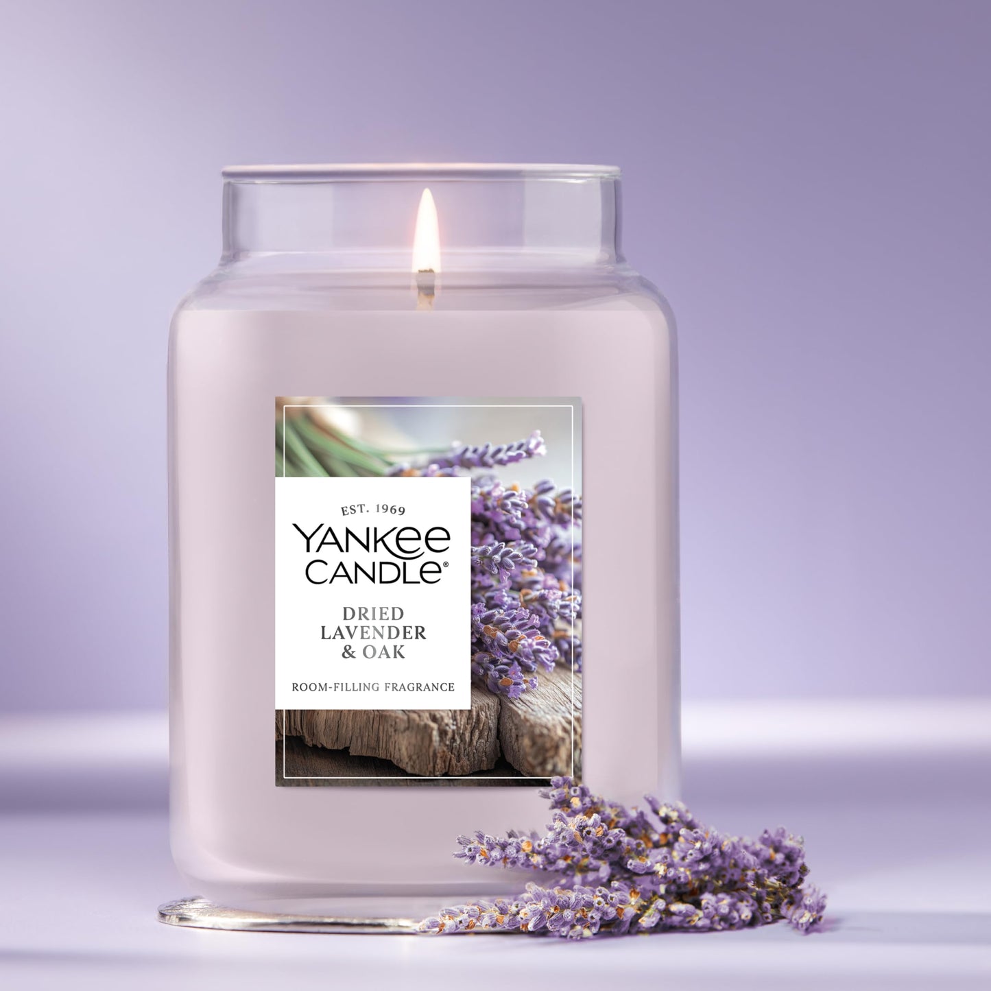 Yankee Candle Dried Lavender & Oak, Scented Candle, 22oz Large Jar with up to 150 Hour Burn Time, Giftable, Birthdays