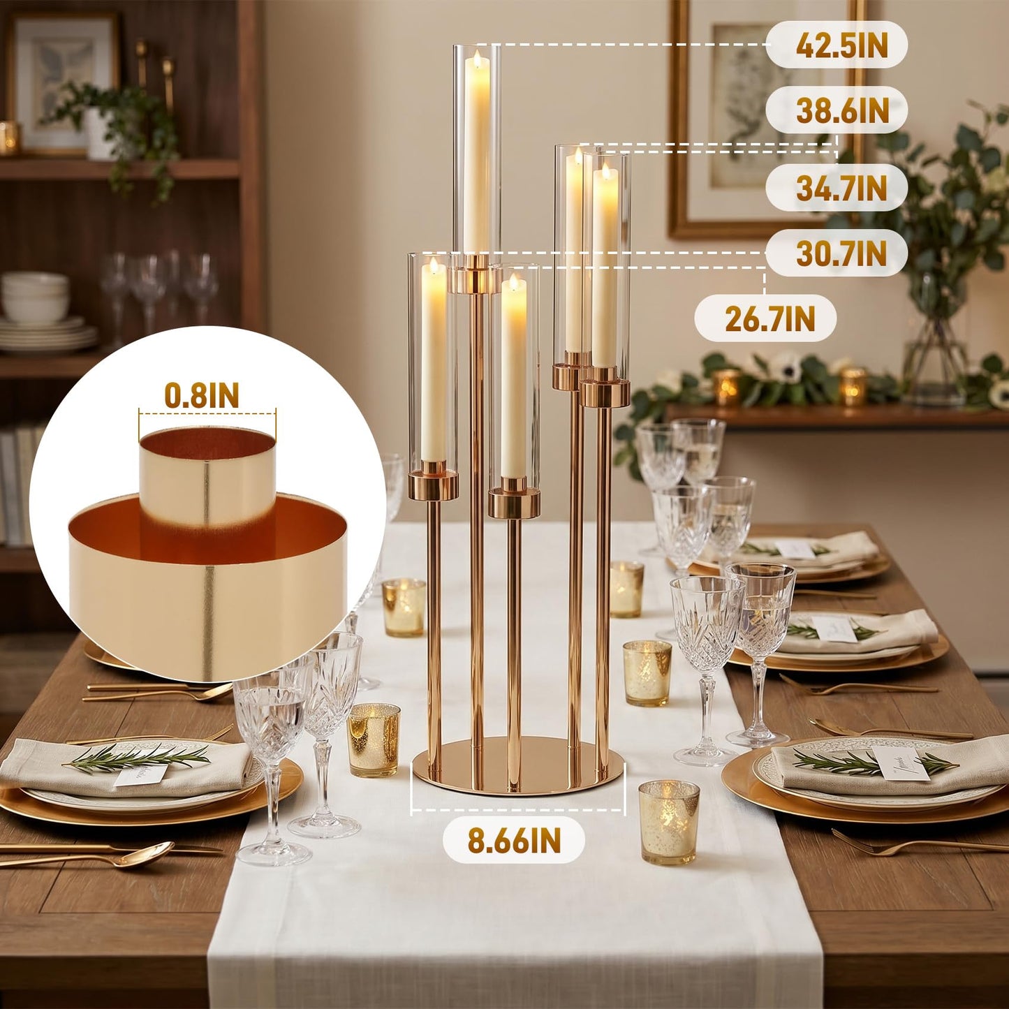 10PCS Gold Candelabra Centerpieces, 42.5in 5 Arm Gold Candle Holder with Acrylic Lampshade, Perfect for Wedding, Birthday, Holiday & Party Decor, Fits 0.9" LED Taper Candles
