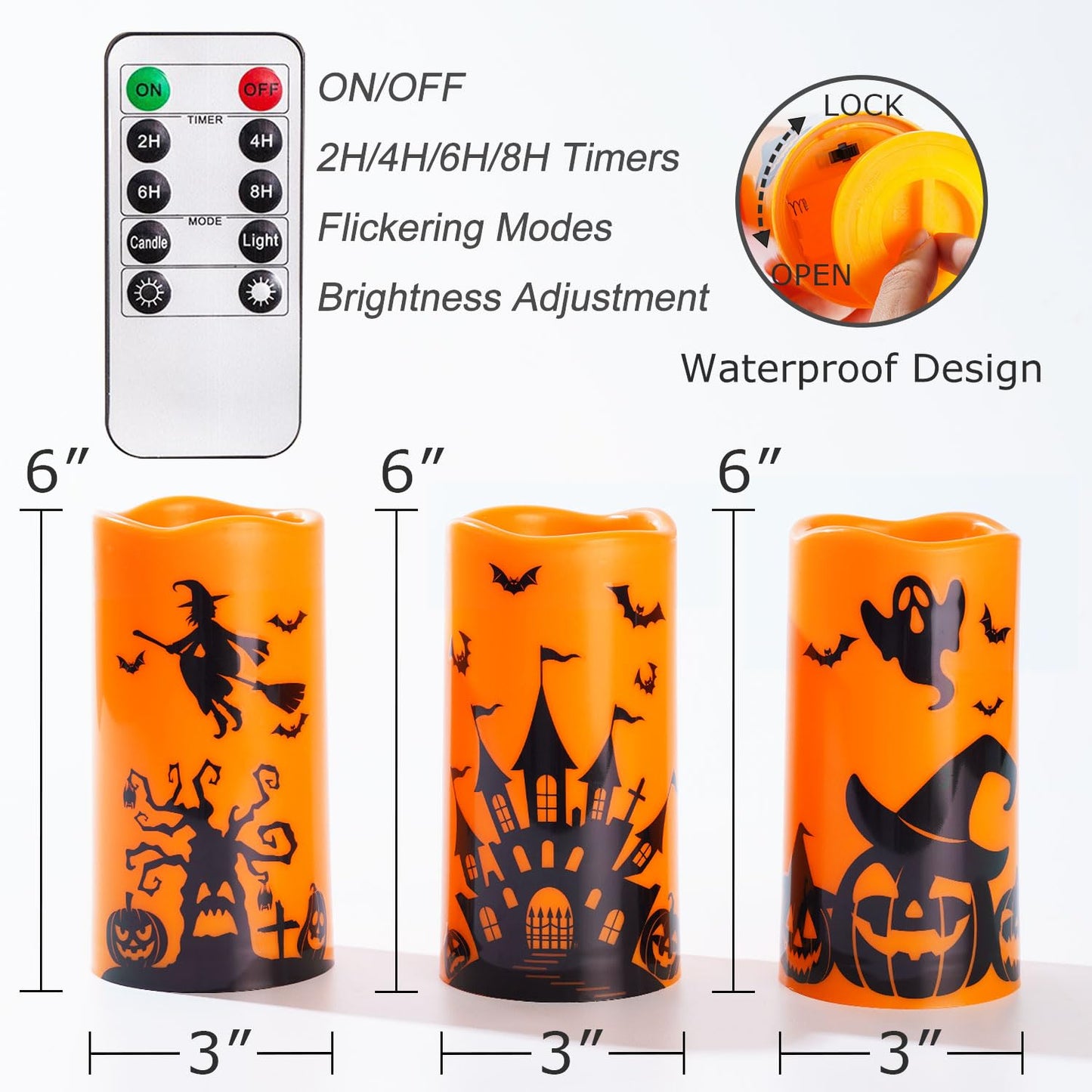 Homemory Halloween Candles, Orange Flameless Candles, Battery Operated Decals Plastic LED Pillar Candles with Remote Timers for Outdoor Day of The Dead, Halloween Spooky Decor, Waterproof, Set of 3