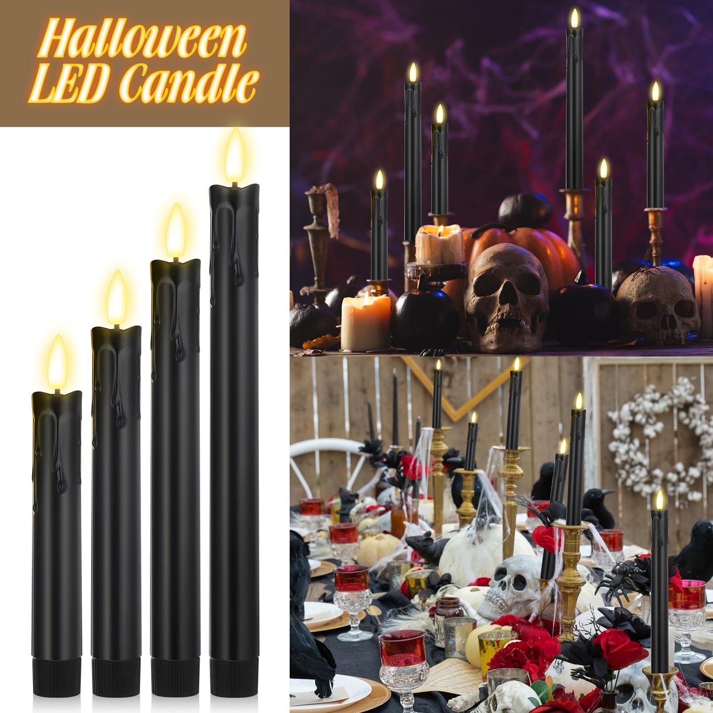 Macarrie 24 Pcs Black Flameless Taper Candles LED Battery Operated 6.5'', 7.7'', 8.8'', 10'' 3D Flickering Flame Candlesticks Drip Wax Shaped Candle for Wedding Anniversary Party Decoration