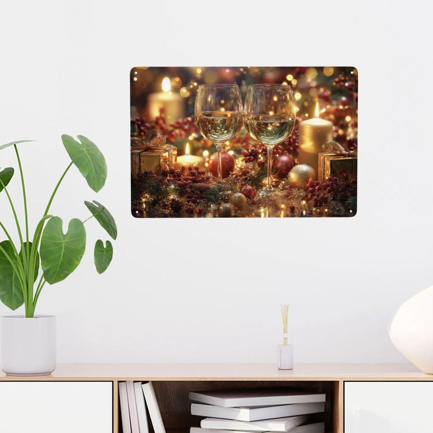 MA6GE8DE Festive Wine Glasses With Candles, Red Berries, Gold Gifts, Sparkling Bokeh,Metal Tin Plaque Sign, Ideal For Living Room And Kitchen Restaurant,Easy To Hang 6x8 Inch