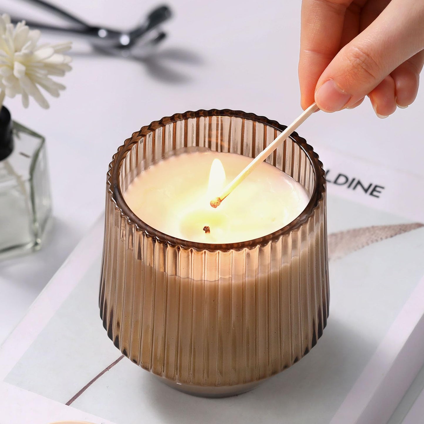 Simeitol 13 OZ Candle Making Kit - 6 Pack Amber Ribbed Glass Jars With Bamboo Lids and Wick Kit for Containers