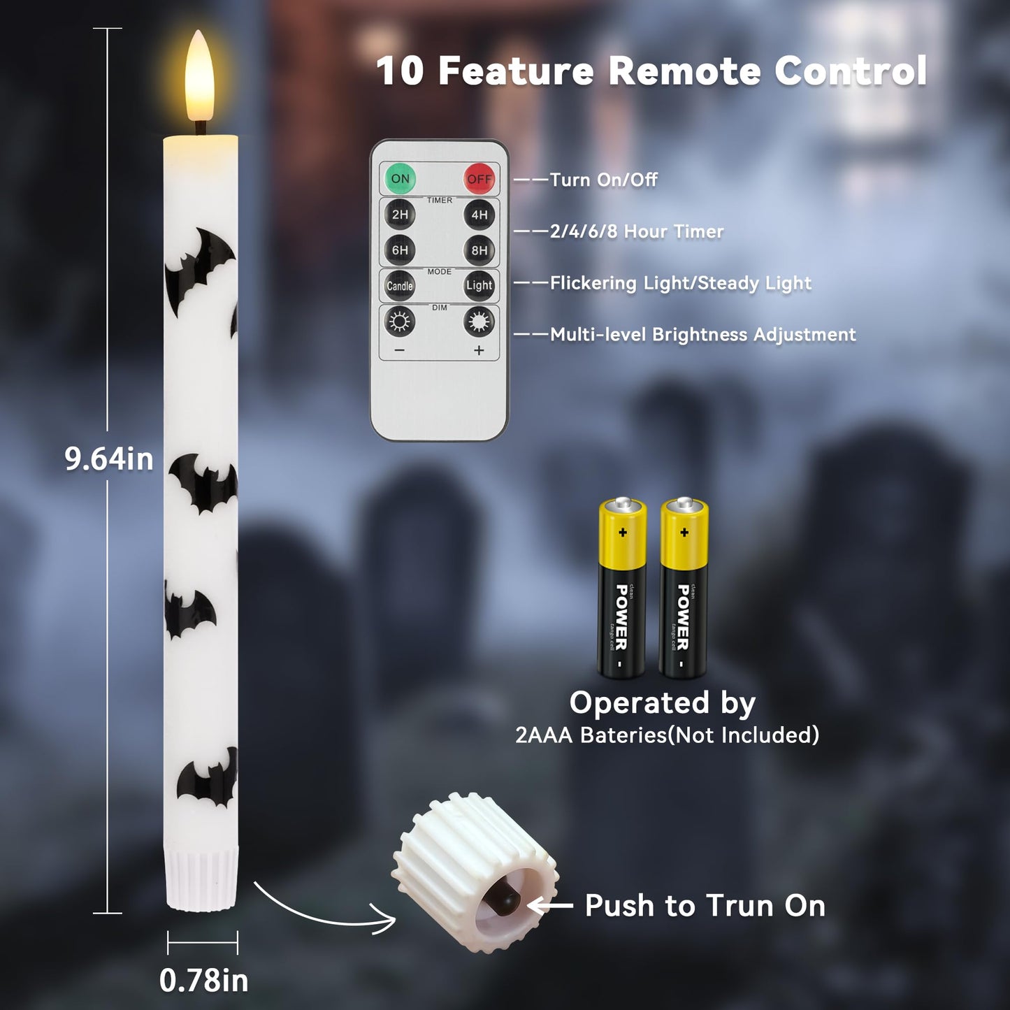 SEHNSY Halloween Flameless Taper Candles with Remote and Timer, 4 Pack Bat LED Flickering 3D Flame Real Wax Candles, Battery Operated Halloween Table Decor for Spooky Indoor Displays