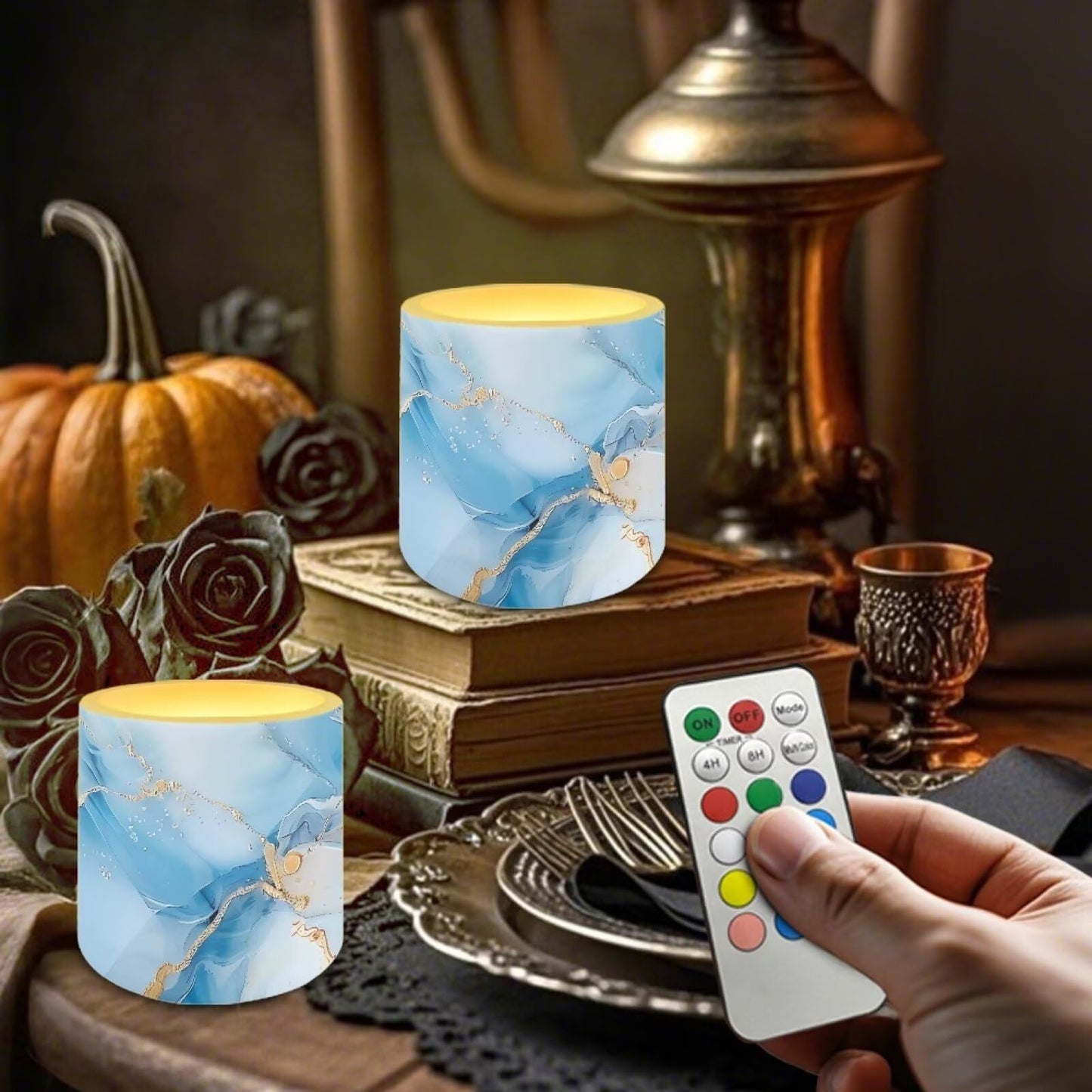 Cozeyat Turquoise Marble LED Candles Set of 4 Battery Powered Flameless with Remote Timer Dancing Flame Waterproof for Home Garden Table Use