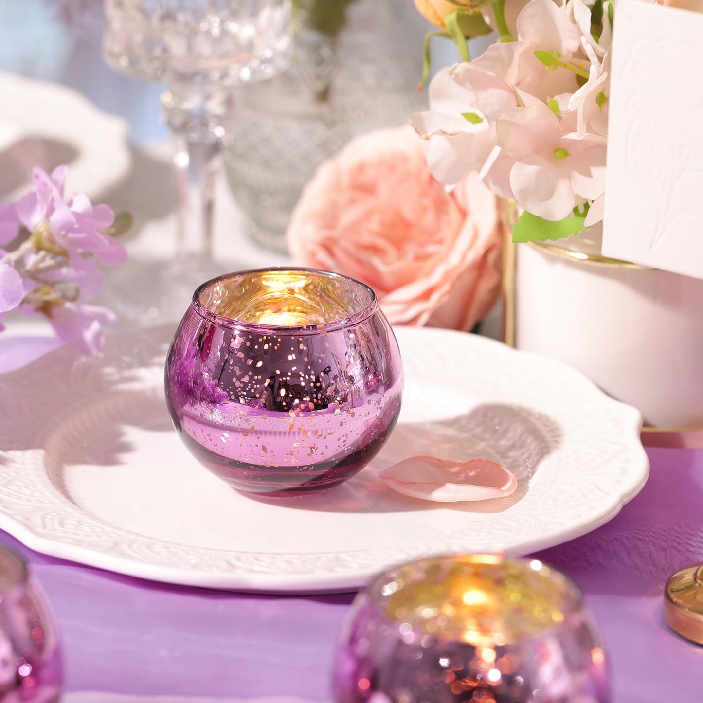 24 Pcs Purple Votive Candle Holders for Wedding Decor, Purple Mercury Glass Candle Holders for Table Centerpieces, Tea Light Holder for Wedding Bridal Shower Party Supplies