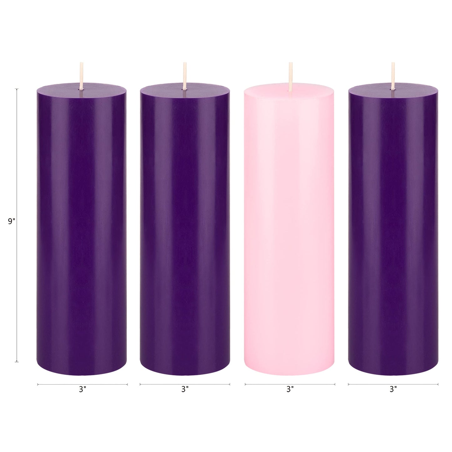 Mega Candles 4 pcs Unscented Christmas Advent Candles Set, Hand Poured Premium Wax Round Pillar Candle 3 Inch x 9 Inch, Holidays, Occasions, Events, Festivities, Devotional, Church, Wreath, Gifts
