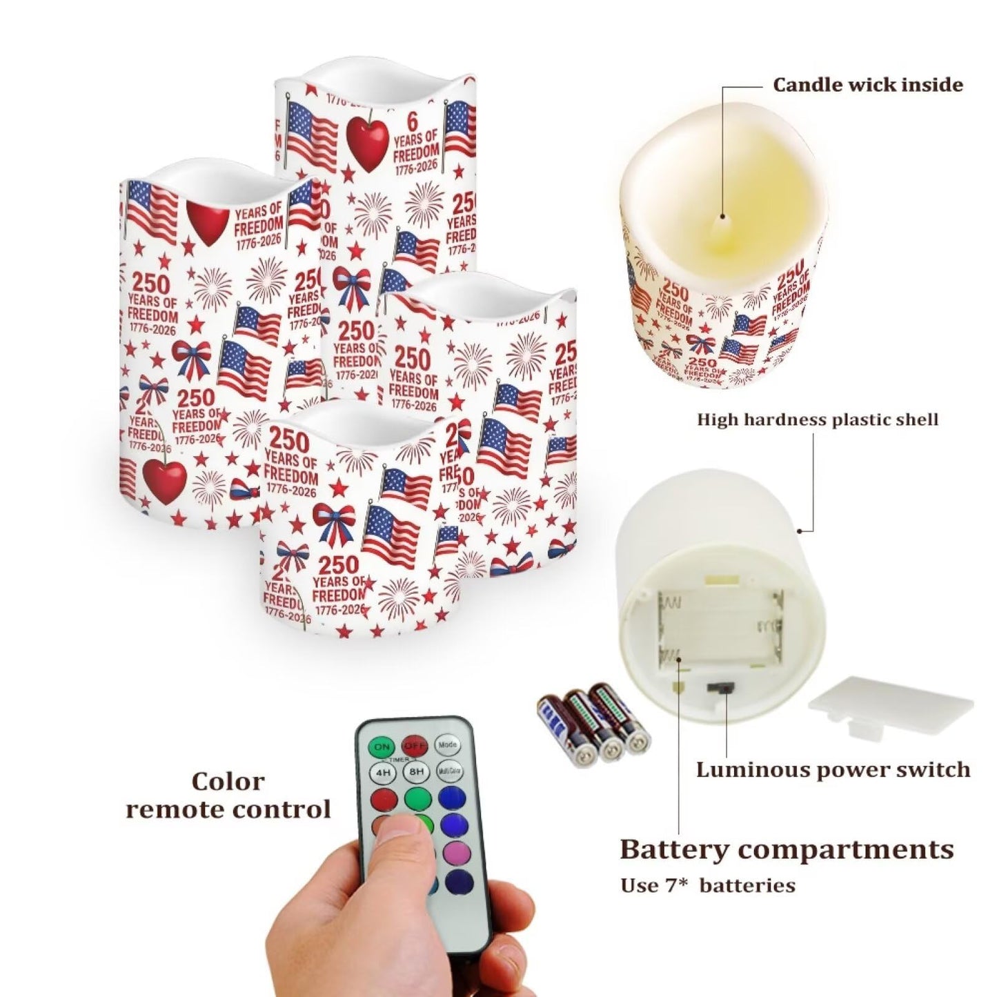 Uorisanigo Patriotic American Flag Electric Flameless Candles Set of 4 Independence Day 250th Anniversary Battery Operated LED Candles 1776-2026 Fake Candles 4th of July Home Decoration