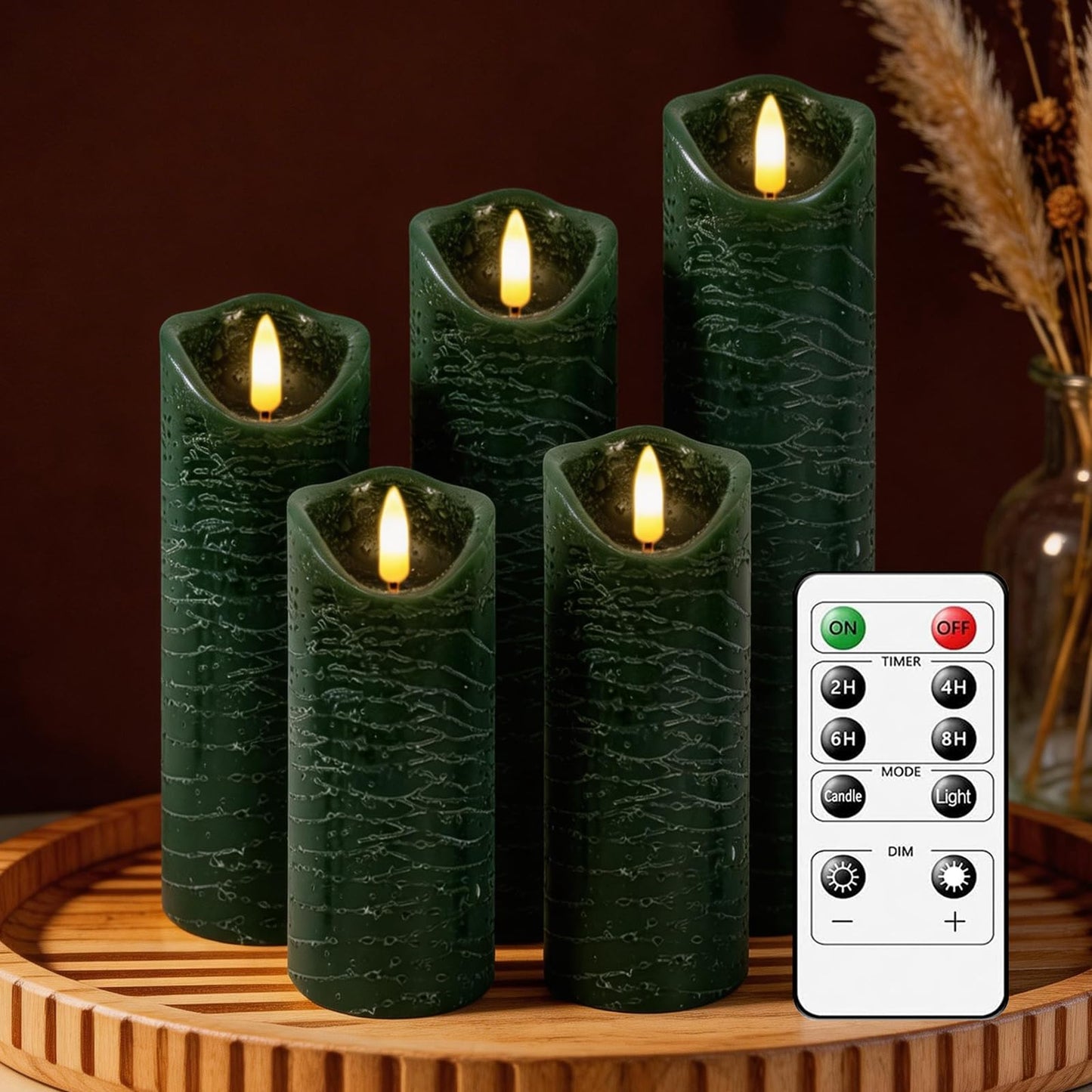 MiKoyi Flameless Pillar Candles with Remote, Battery Operated Candles Real Wax, [5-Pack] Fake LED Flickering flameless Candle with Timer Function for Room Home Decor (2.2" * 5/5.5/6/7/8") - Green