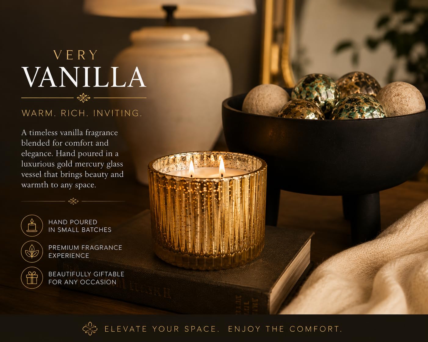 Vanilla Scented Candle, 12 oz Triple Wick in Gold Mercury Glass Jar, Warm Vanilla Fragrance, Decorative Home Candle, Reusable Luxury Glass Container, Luxury Breeze