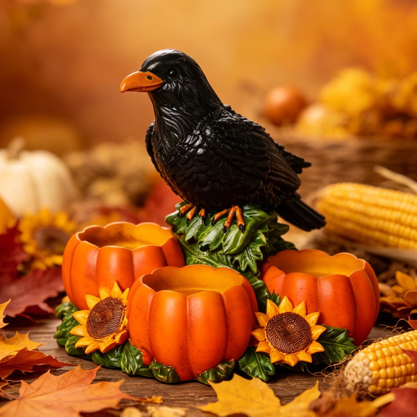 Halloween Raven Candle Holder Resin Black Crow Figurine with 3 Pumpkin Tealight Holders & Sunflower, Halloween Table Decorations for Fall Harvest Centerpiece and Thanksgiving