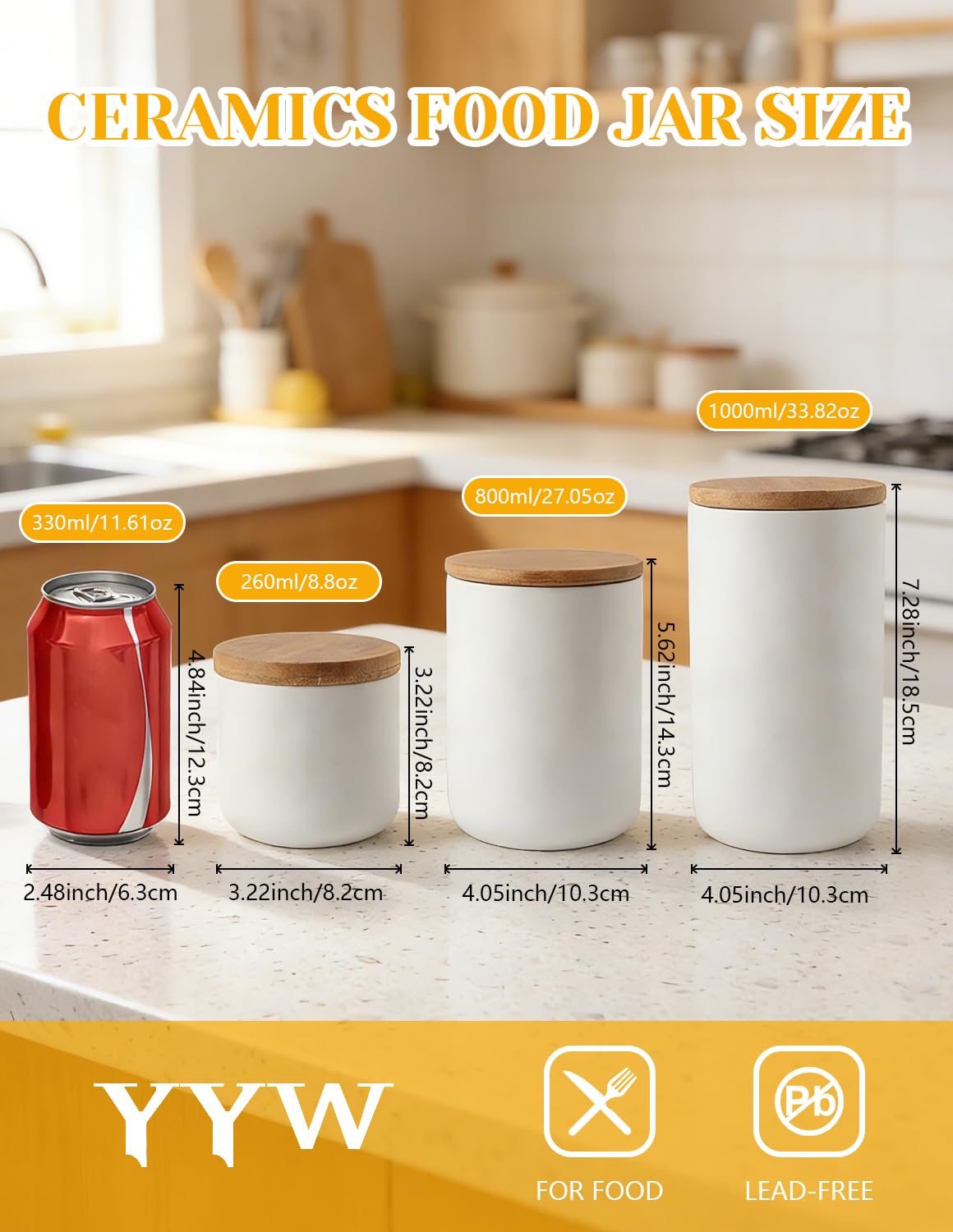 Ceramics Food Storage Jar Canister with Airtight Seal Bamboo Lid, Simple Style Kitchen Canister for Food Storage, Store Coffee, Sugar, Tea, Spices and More (White (8.79oz/260ml))