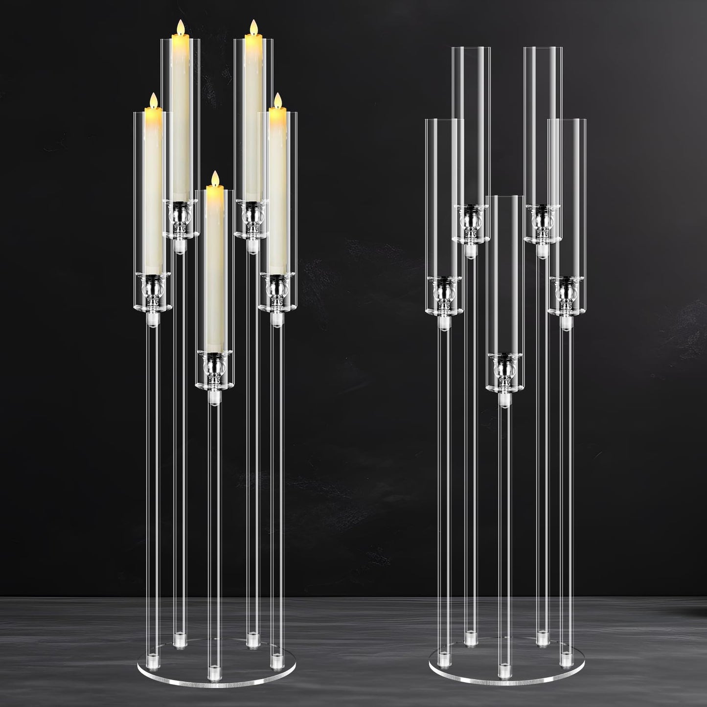2Pcs 5 Arms Acrylic Candelabra Centerpieces for Tables Decortion,Clear Candle Holder for Wedding Dinner Fireplace Decoration,35 inches Tall Candlesticks Holder with Lampshade, Fits LED Candle