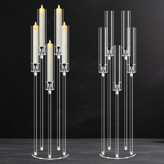 2Pcs 5 Arms Acrylic Candelabra Centerpieces for Tables Decortion,Clear Candle Holder for Wedding Dinner Fireplace Decoration,35 inches Tall Candlesticks Holder with Lampshade, Fits LED Candle