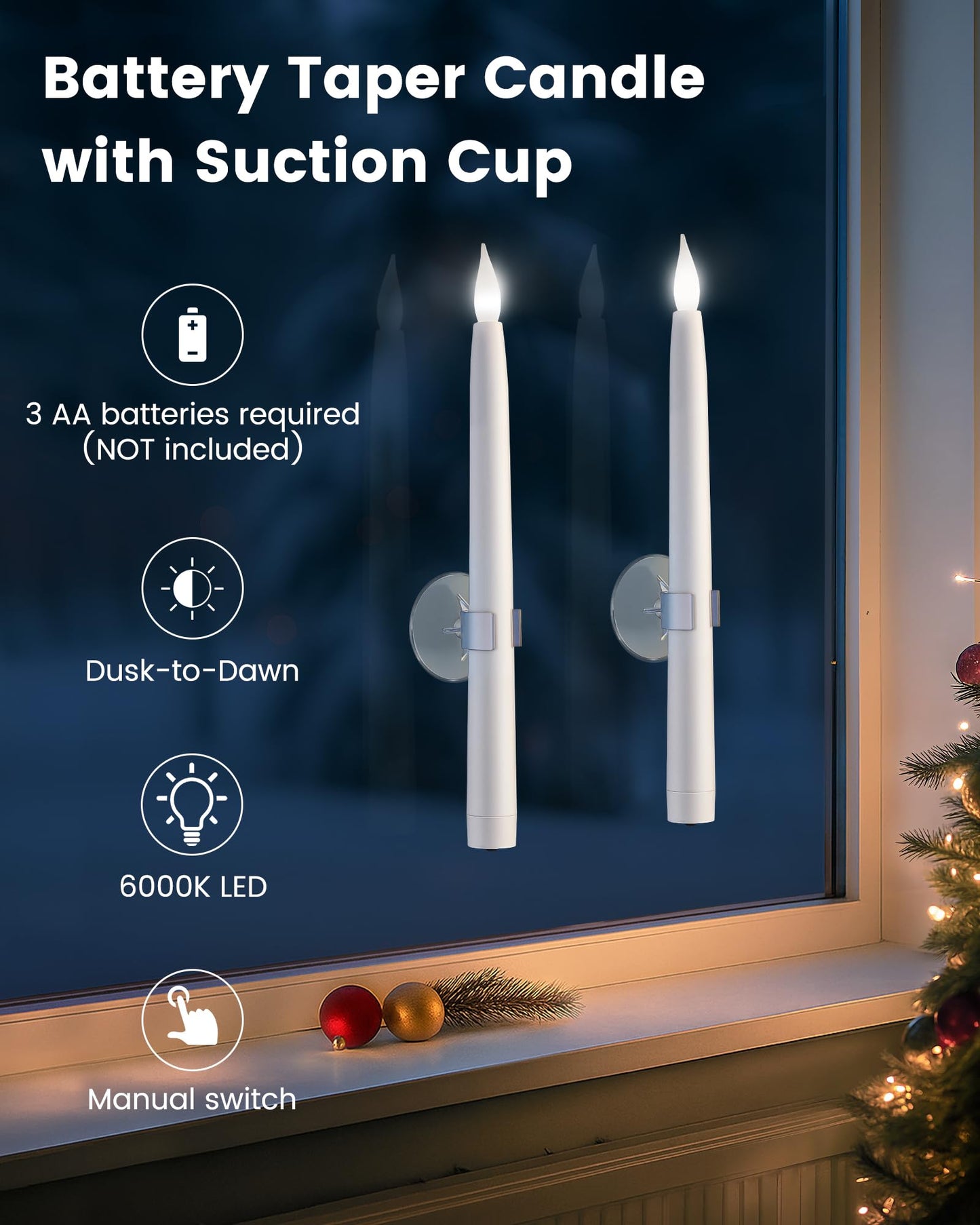 SURAIELEC 10.5'' Battery Window Candles with Suction Cups, Dusk-to-Dawn Christmas Window Candles, 5000K Cool White, Flameless LED Candle for Windows, 6 Pack (Rechargeable Battery Not Compatible)