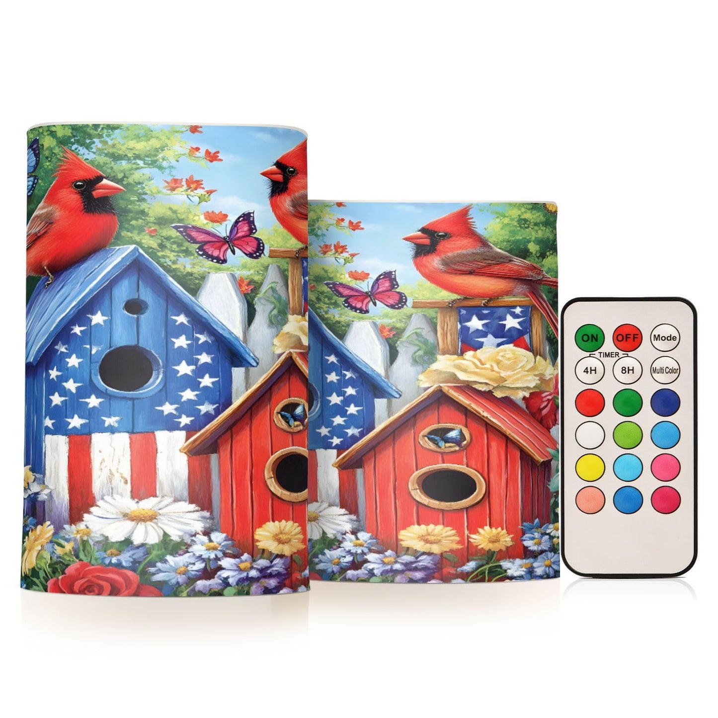 ALAZA Patriotic Birdhouse Birds American Flag Flickering Flameless Candles Battery Operated with Remote Timer,Tea Light Candles LED Pillar Votive Candles Set of 2 for Outdoor Indoor Decorations