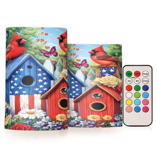 ALAZA Patriotic Birdhouse Birds American Flag Flickering Flameless Candles Battery Operated with Remote Timer,Tea Light Candles LED Pillar Votive Candles Set of 2 for Outdoor Indoor Decorations