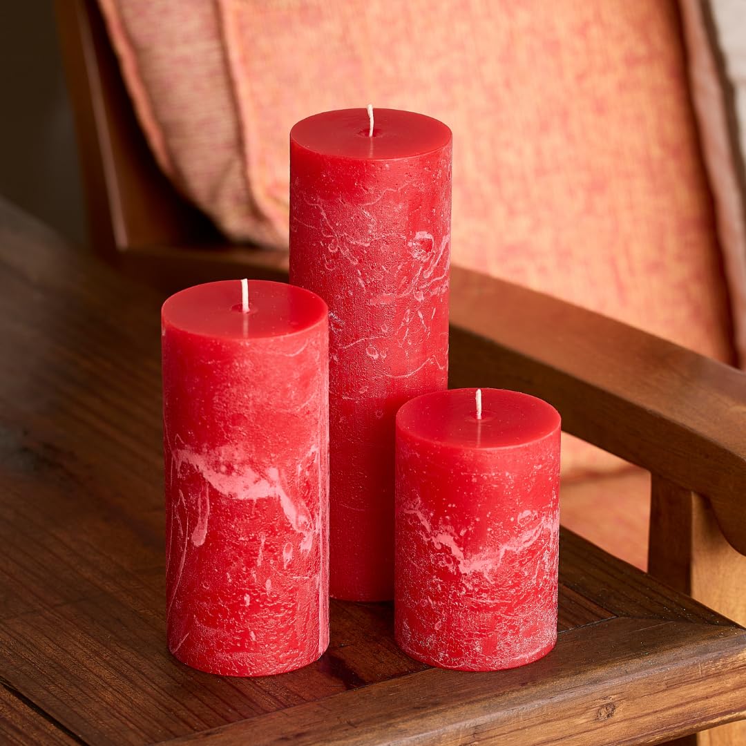 Simply Soson 3x4, 3x6, 3x8 inch Red Pillar Candles, Set of 3 Pillar Candles, Rustic Texture, Unscented Red Candles, Dripless Candles, Ideal as Wedding, Parties, Spa, Dinner, Home Decor, Church