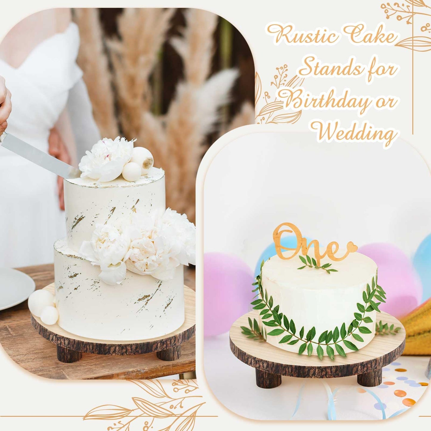 Roowest 2 Sets Wood Cake Stand, 9'' and 10'' Rustic Wooden Slice Boards Round Cake Holder for Party Wedding Birthday Event Farmhouse Dining Room Table Decor Centerpieces Home Decorations