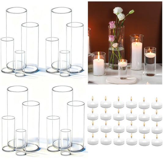 UDU Set of 16 Cylinder Glass Vases and 24 Pcs Floating Candles for Centerpiece, 4,6,8,10 Inch Tall Clear Hurricane Candle Holder Glass Vases for Centerpiece Table Wedding Home Decor