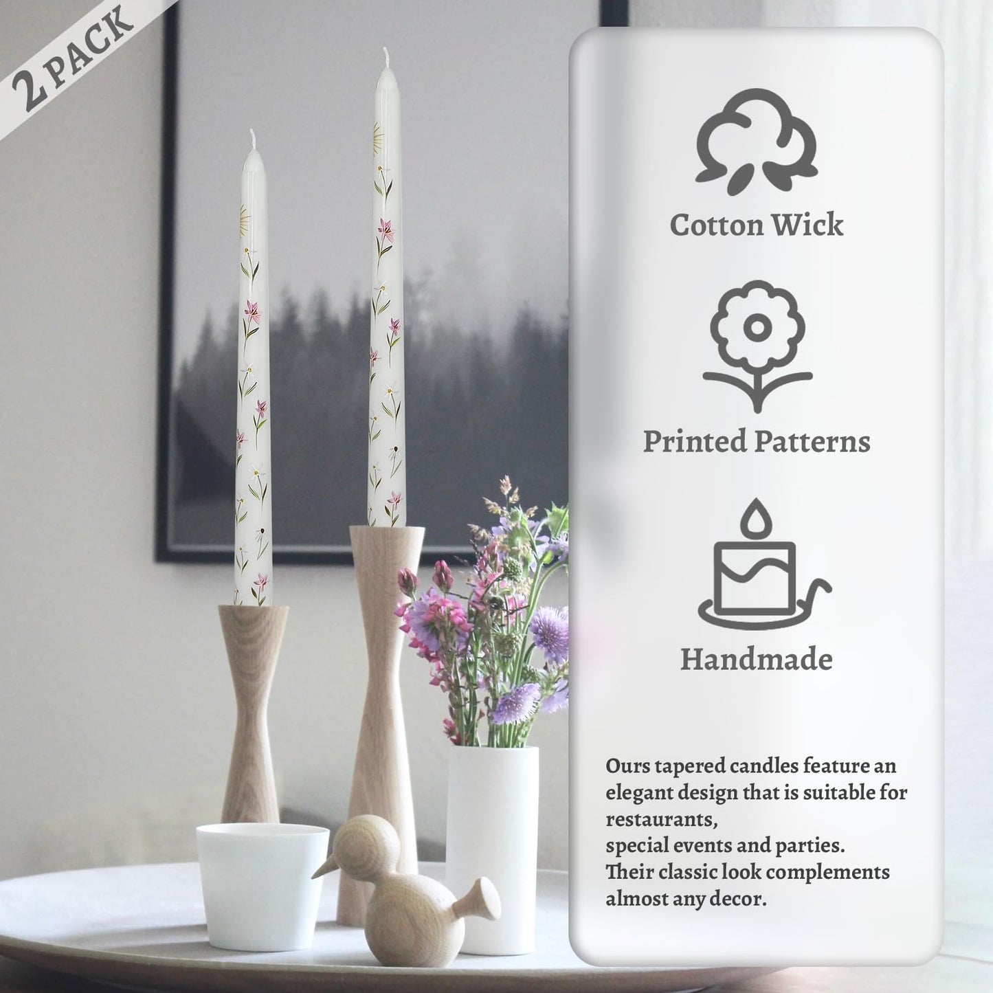 Floral Taper Candles 10 Inch Tall Unscented Handmade White Iris Print Long Burning Elegant Candlesticks for Wedding Dinner Home Decor