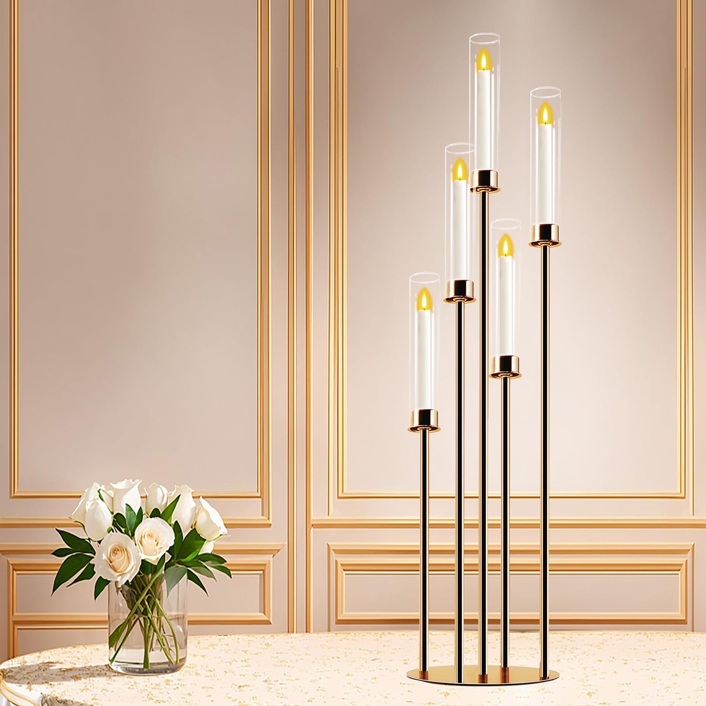 Gold 5-Arm Metal Cluster Taper Candelabra Candle Holders Includes Led Candles & Remote Control, Votive Pillar Candle Holders, Round Wedding Candelabra with Acrylic Shade (1, Gold, 41.3'' x 9.84'')