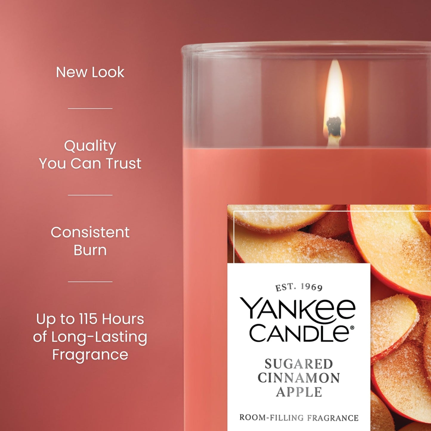 Yankee Candle Medium Pillar Scented Candle with up to 115 Hour Burn Time, Premium Plant Wax Blend for Consistent Burn, 14.25 oz Pillar Candle with Room Filling Fragrance, Sugared Cinnamon Apple
