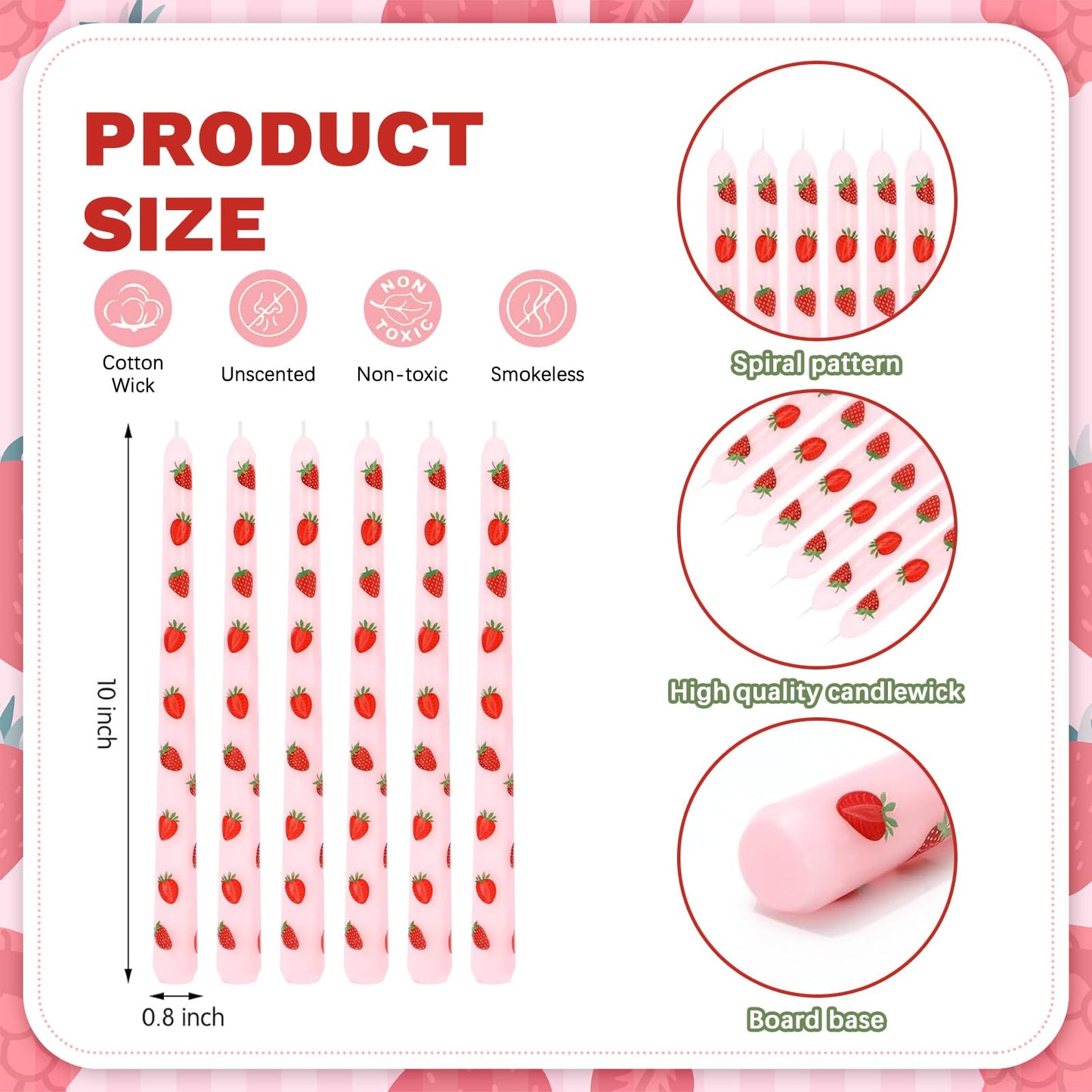JarThenaAMCS 6Pcs Taper Candles 10 Inch Pink Red Strawberry Decorative Candles Long Unscented Candle Sticks for Holiday Birthday Baby Shower Party Home Table Decor