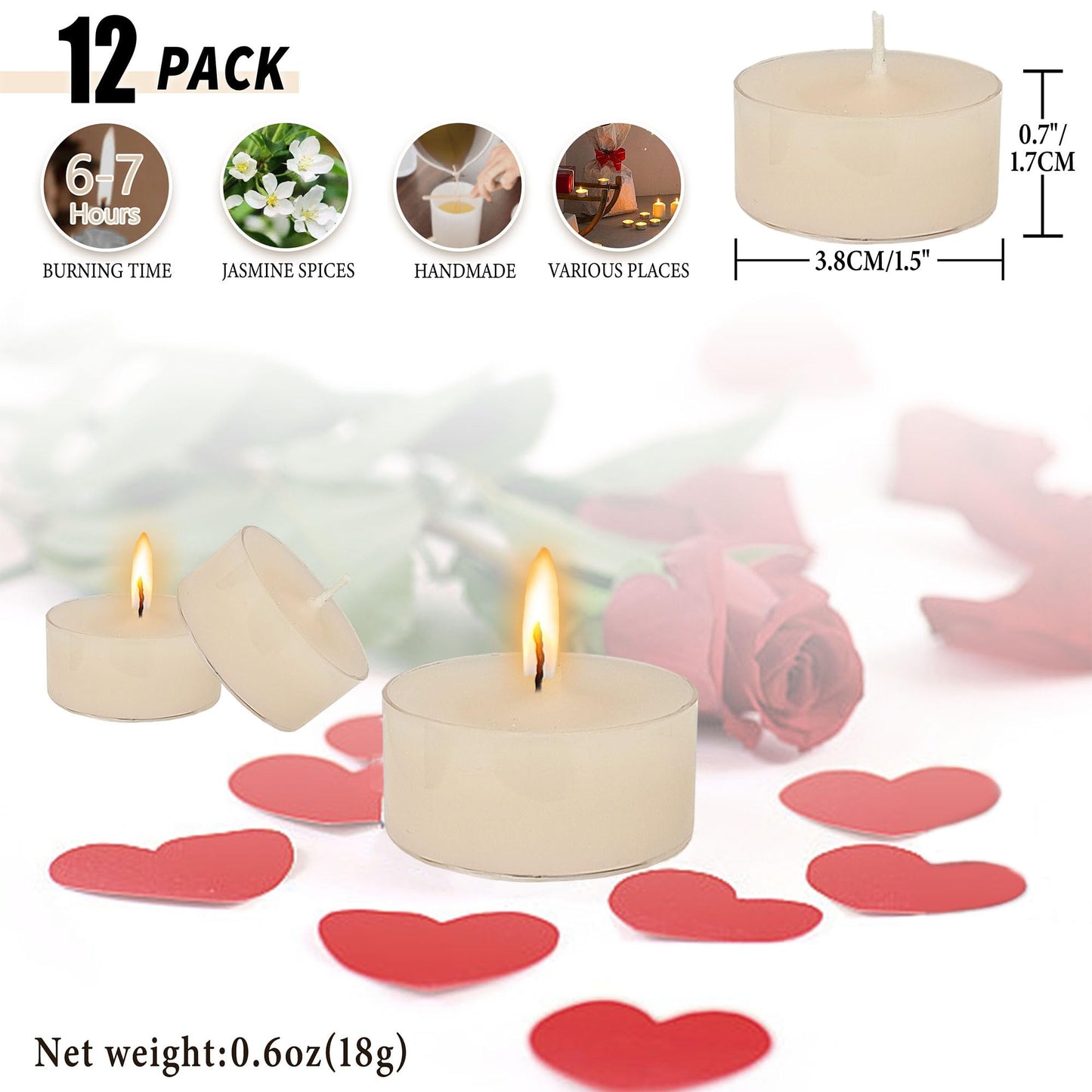 Jasmine Scented Tealight Candles, 12 Pack White Holiday Tea Lights with Clear Cups | Long-Lasting for Seasonal Home Decor,RDIVJA