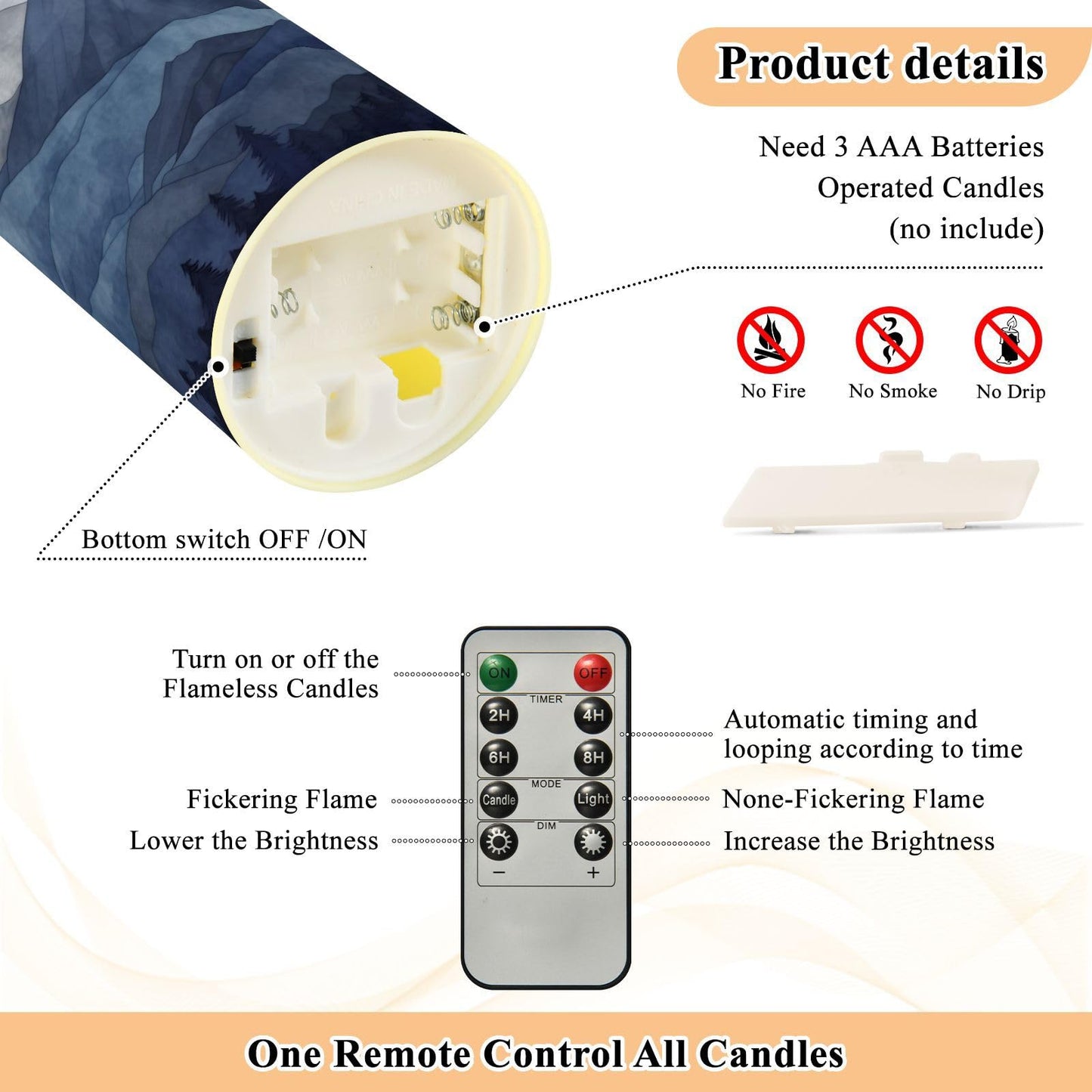Nesatuwa Blue Marble Flameless Candles with Remote, Set of 2 LED Battery Operated with Timer Fake Plastic Pillar Candles for Wedding Table Party Decor