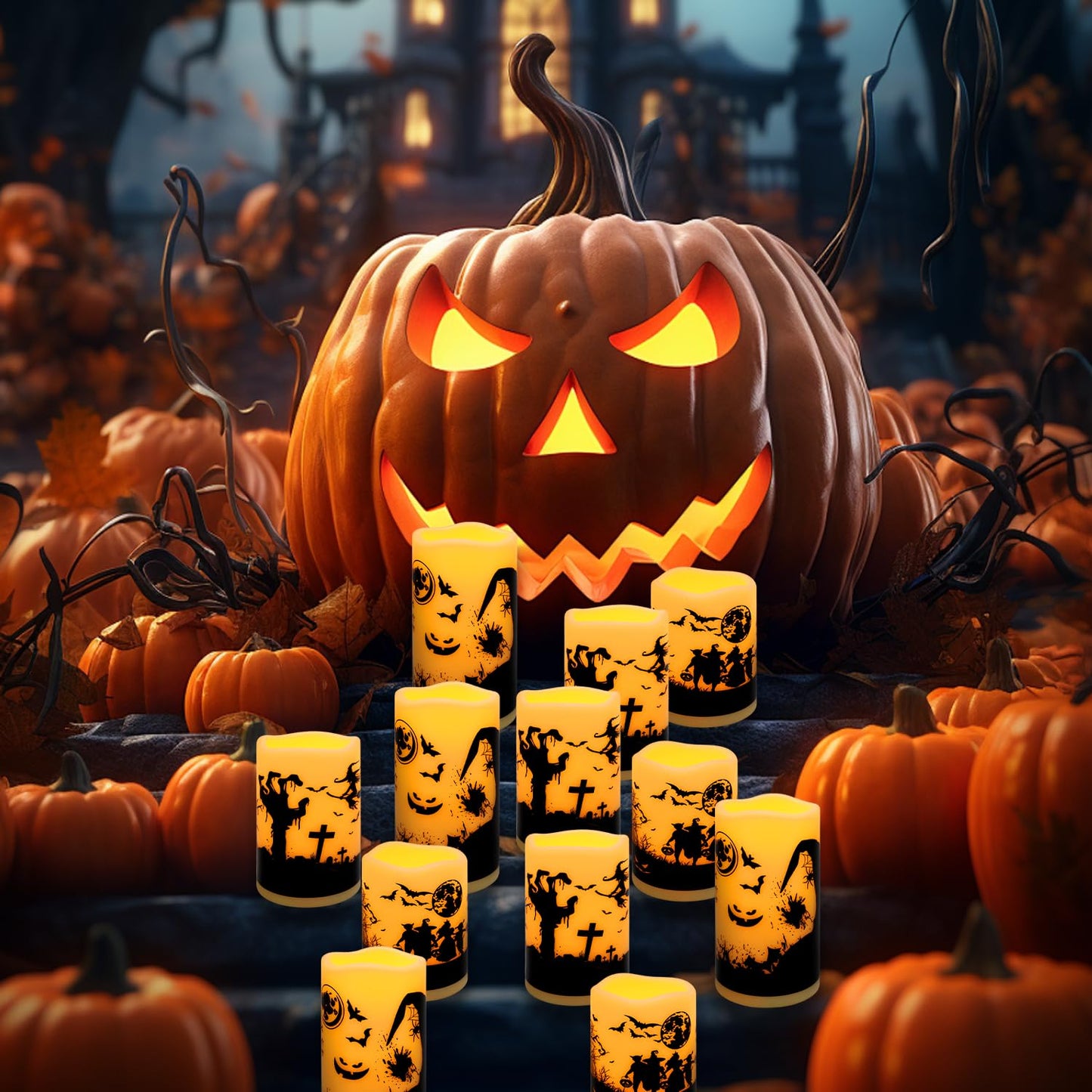 fclayvts 12-Pack Halloween LED Flameless Pillar Candles - Battery Operated with Remote & Timer, Flickering Warm Light, Witch/Bats/Castle Decals - Spooky Halloween Decor, Ghost Party Supplies, Gifts