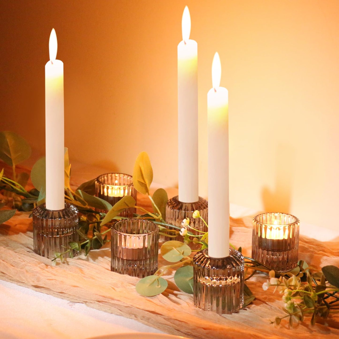 CHOCSTAY Reversible Gray Glass Candle Holder Set of 6, Thick Heat-Resistant Glass Candlestick Holders for Taper, Tealight, Votive, LED Candles, Perfect for Wedding, Party, Home Décor