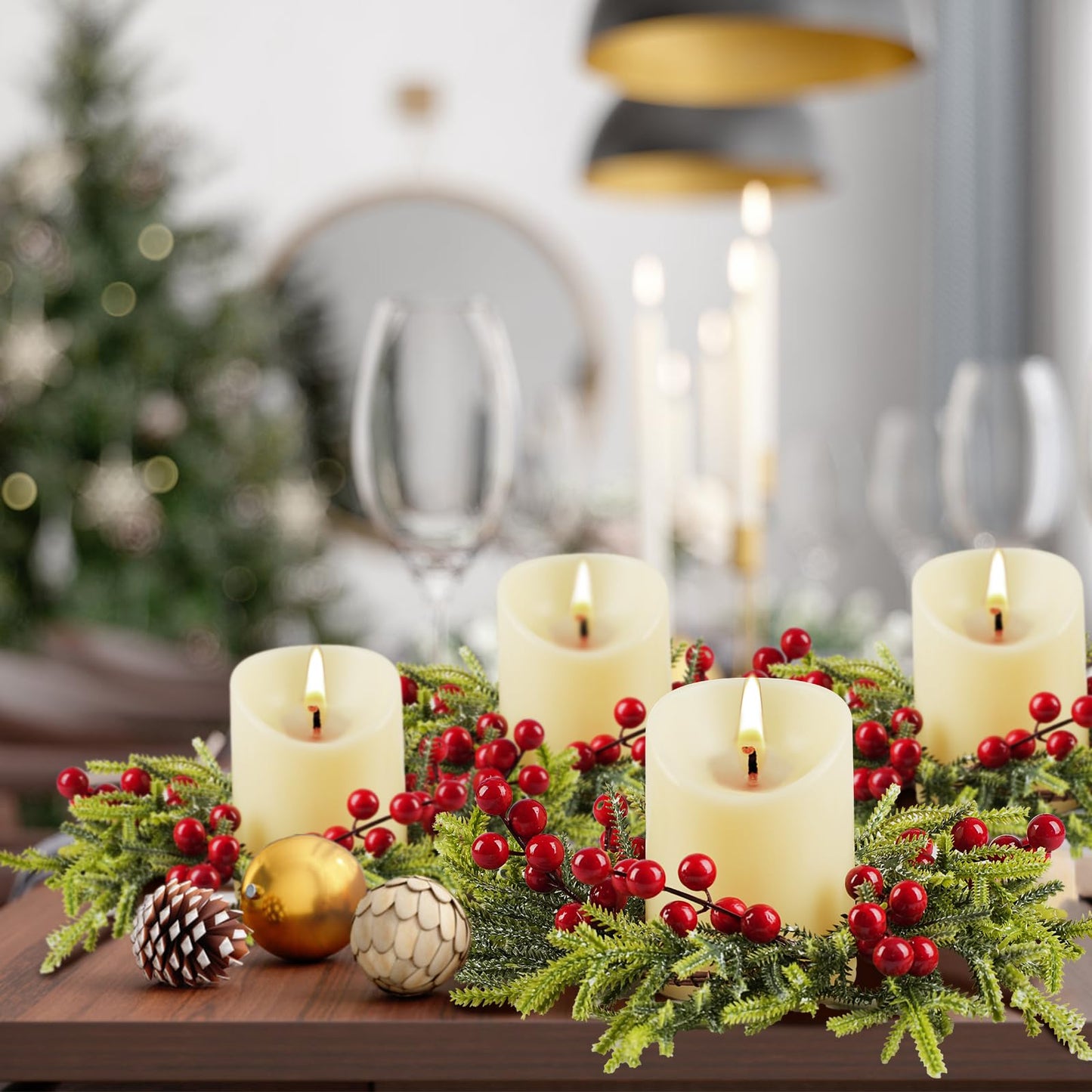 IWNTWY 6Pcs Christmas Candle Ring Wreaths, Artificial Red Berries Pine Branches Leaves Candle Rings for Pillars Candle Holder, Home Christmas Party Table Centerpiece Decoration