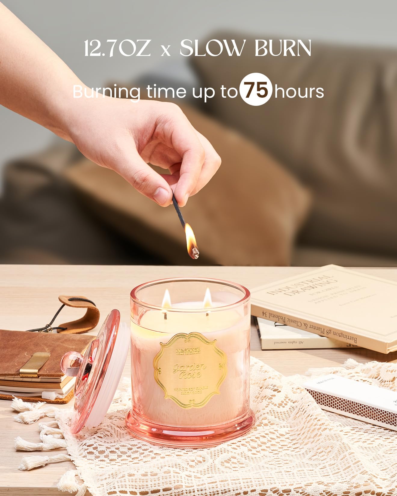 M&SENSE Garden Rose Scented Candles, Natural Soy Wax Non Toxic, Romantic Date Stress Relief Home Fragrance, 12.7oz 2 Wick 75 Hours Candles for Women