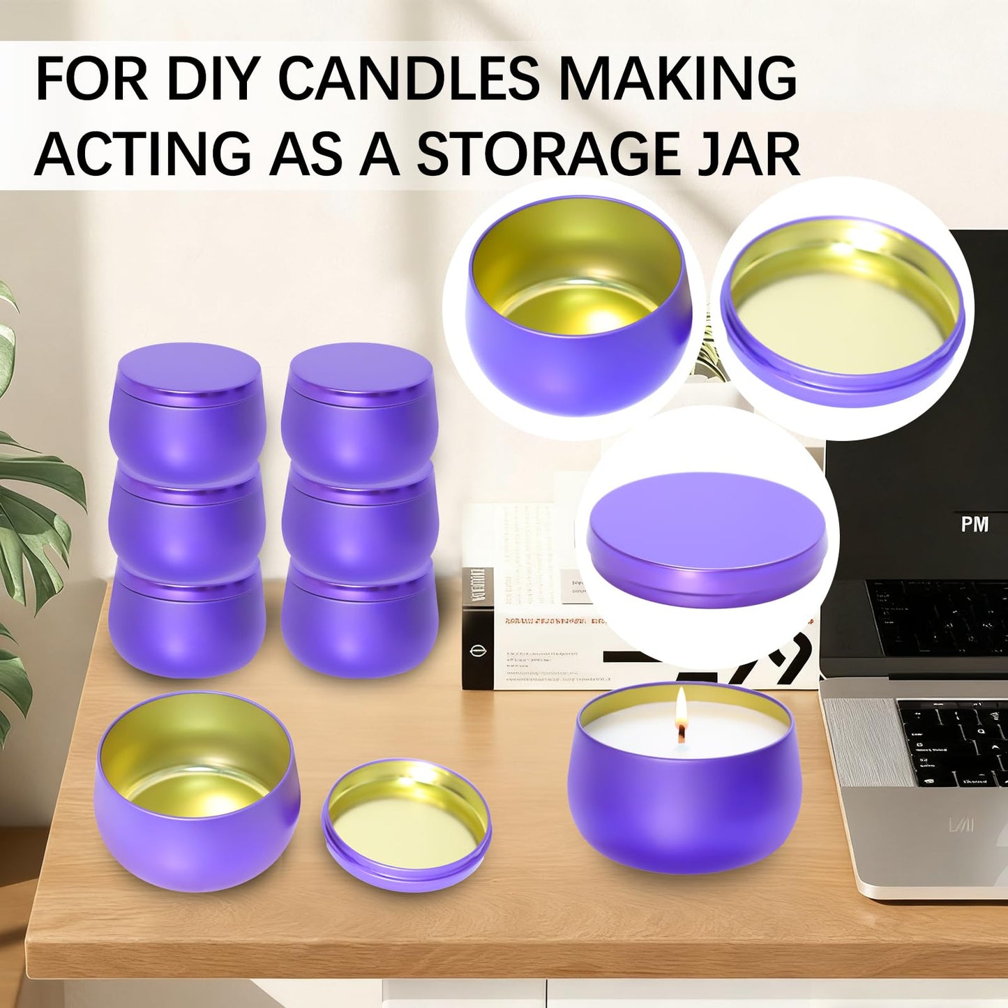 HOMAMAMOON 24 Pack 8oz Purple Candle Tins for Making Candles - Bulk Metal Candle Containers with Lids. Empty Round Candle Jars for DIY & Travel. Shatterproof & Sturdy Vessels for Small Business.
