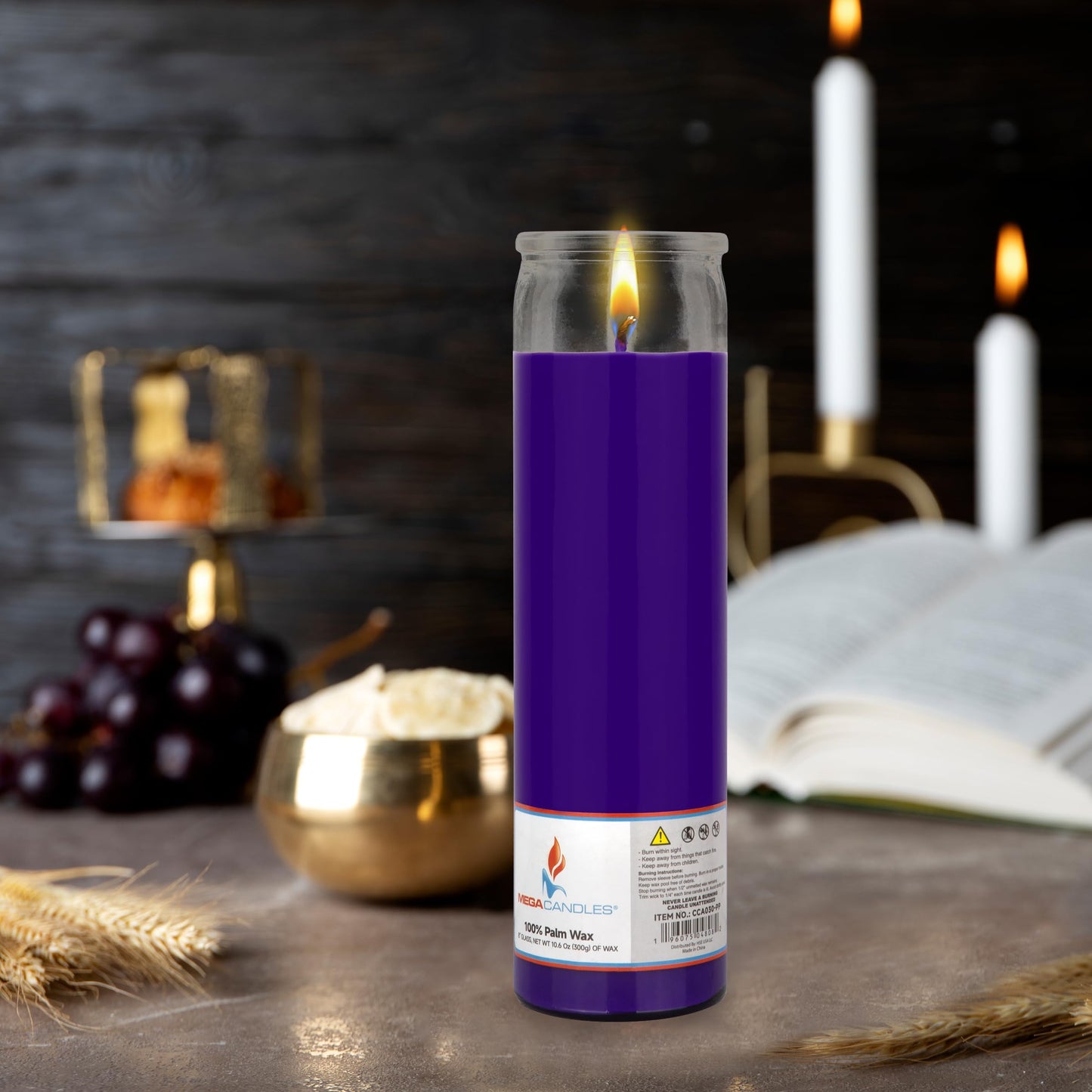 Mega Candles 3 pcs Unscented Purple Glass Container Devotional Prayer Candles, Shortening Wax Candle 2 Inch x 8 Inch, Sanctuary, Vigils, Prayers, Spiritual, Blessings, Religious, Altar, Remembrance
