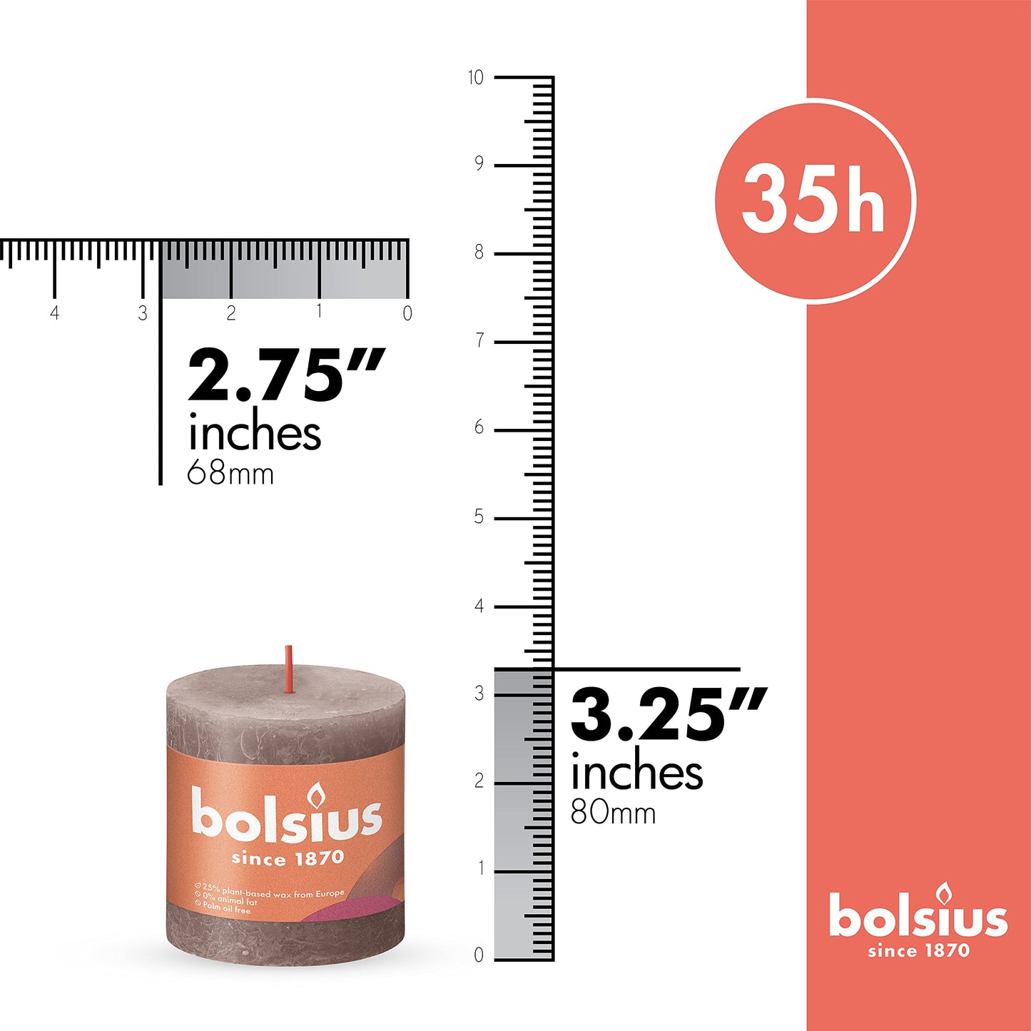BOLSIUS 4 Pack Taupe Rustic Pillar Candles - 2.75 X 3.25 Inches - Premium European Quality - Includes Natural Plant-Based Wax - Unscented Dripless Smokeless 35 Hour Party and Wedding Candles