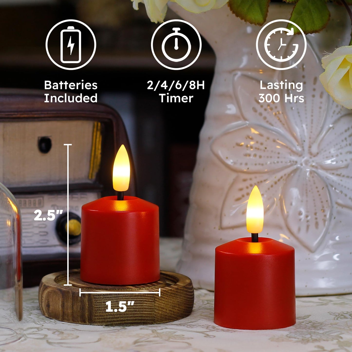 Mavandes Small Flickering Tea Light Flameless Candles with Battery and Remote,1.5" x2.5" Red LED 2/4/6/8H Timer Votive Battery Operated Pillar Plastic Long Lasting 6pcs Tealight Candles