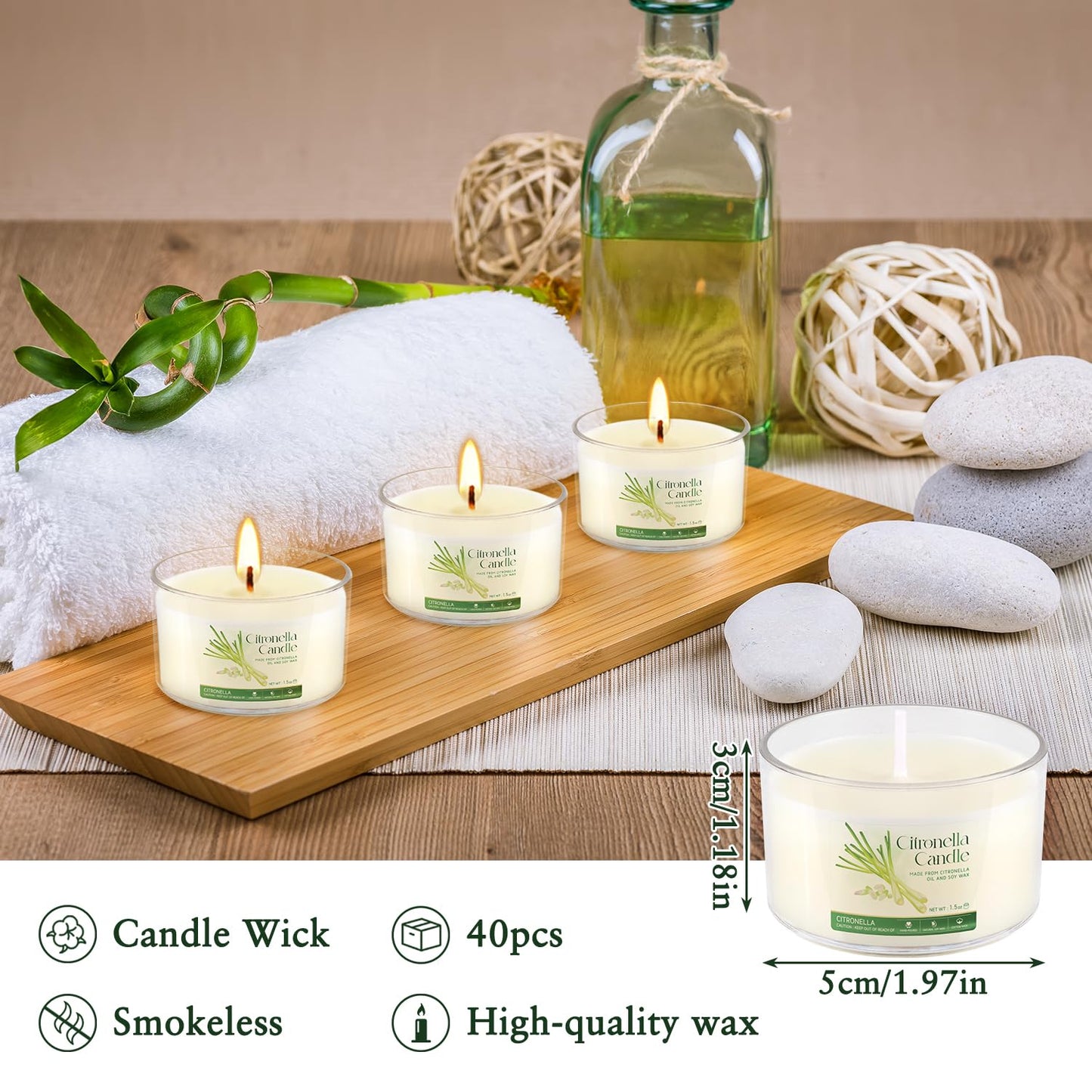 CAKETYCG 40-Pack Citronella Scented Tealight Candles -Outdoor Candles Natural Soy Wax Candle Bulk, Smokeless & Long-Lasting for Yard, Picnic, Camping Outdoor Comfort.