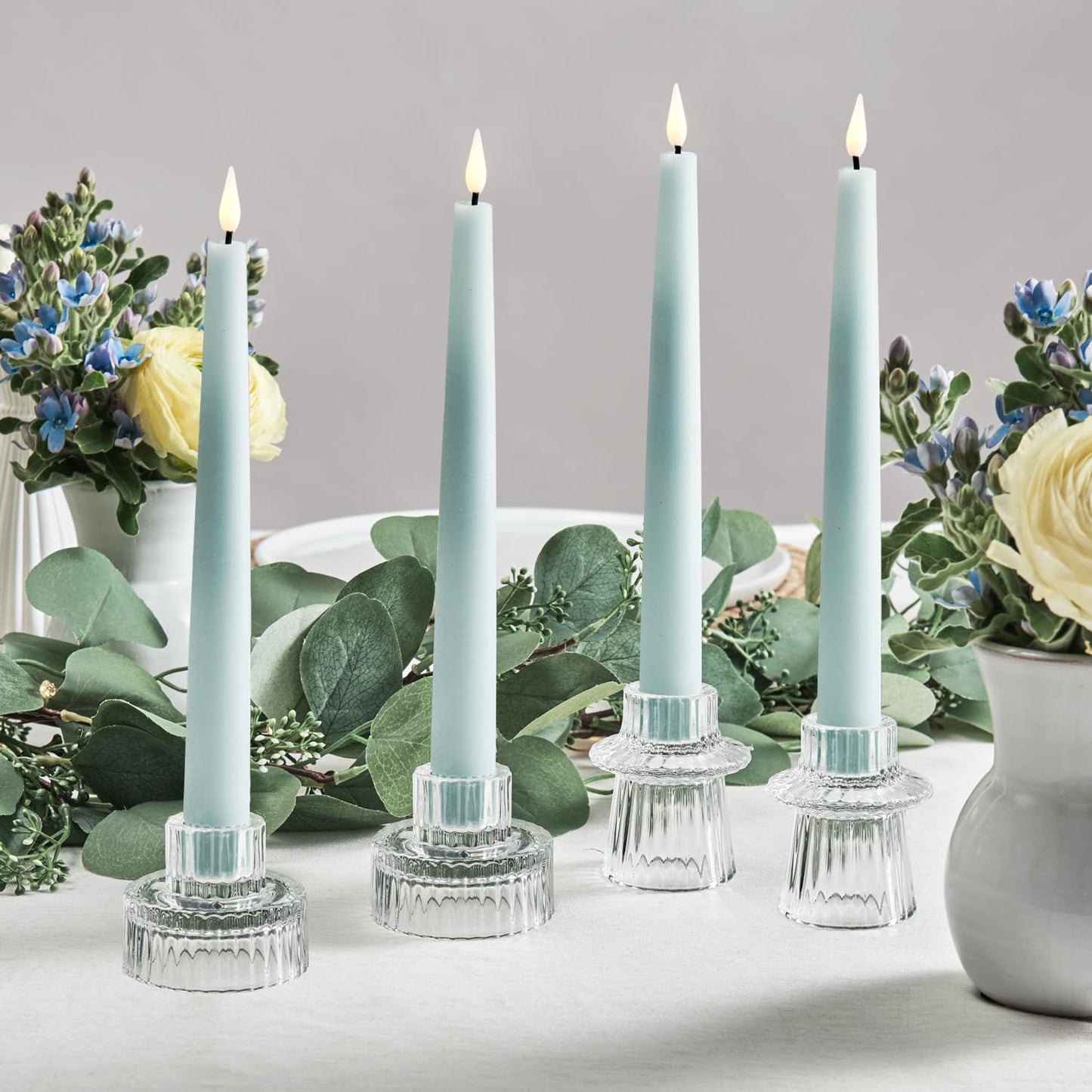 LampLust Flameless Taper Candles with Remote, 9 Inch, 4 Pack Pastel Blue Candlesticks, LED Flickering Flameless Candles for Baby Shower Gender Reveal Decoration, Summer Home Decor, Table Centerpiece