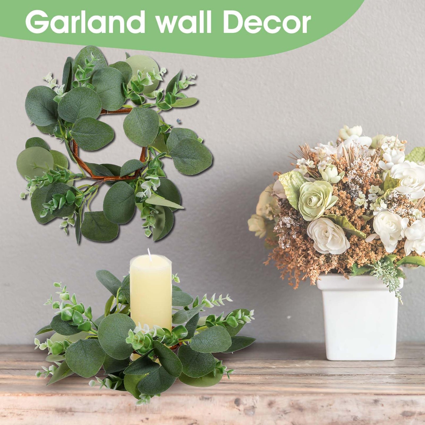 10 Pcs Candle Rings Eucalyptus Wreath, 9.8 Inch Green Artificial Eucalyptus Leaves Wreaths Candle Wreath Rings for Wedding Home Door Window Wall Tabletop Indoor Wreaths Decorating