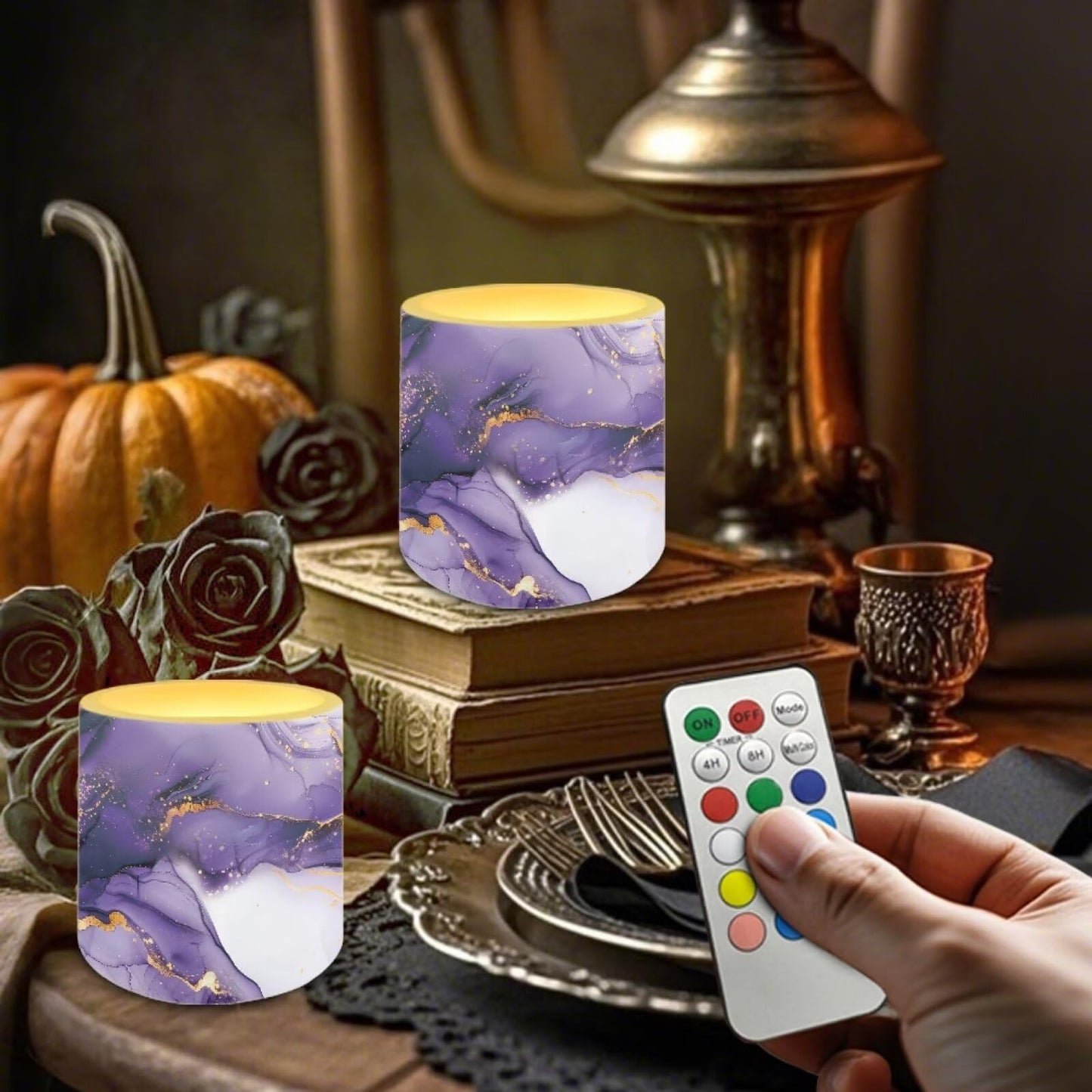 NETILGEN Purple Marble Print 3 inch Flickering Color Changing LED Candles Set of 4 Flameless Eletric Pillar Candles with Remote Timer Control Home Party Decor