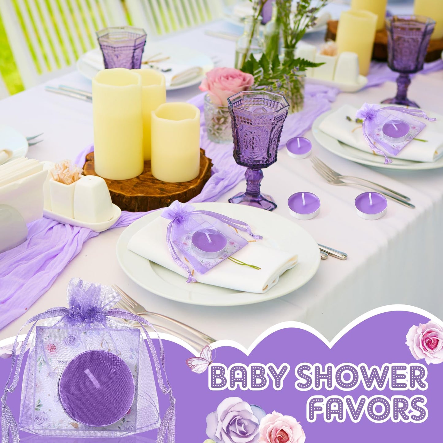 MTLEE 50 Sets Baby Shower Party Favors Candles Including 50 Pcs Tealight Candles Thank You Cards Baby Shower Bags for Guests Prizes Gender Reveal Party Decorations(Purple,Butterfly)