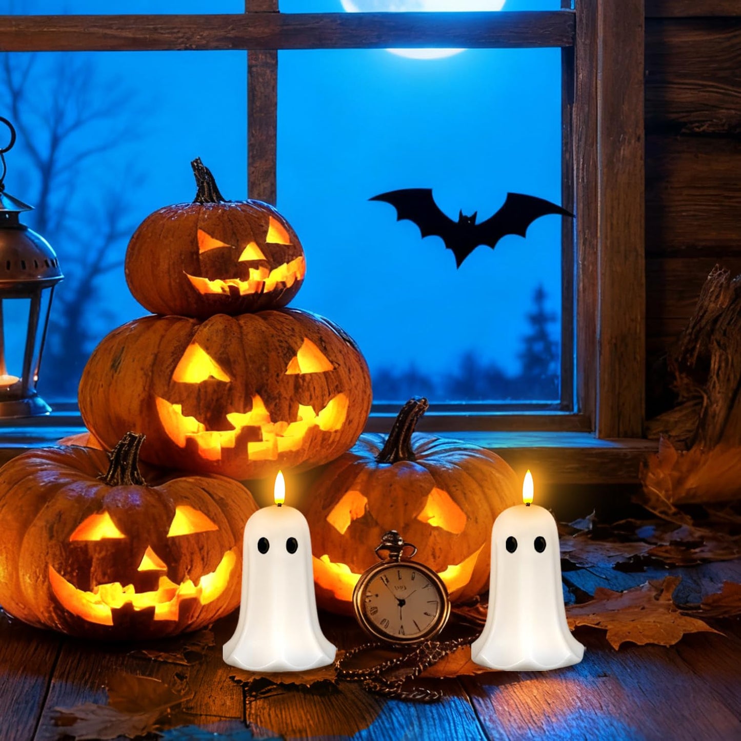 ilifemate Halloween Ghost Candle Lights 2 Pack with Remote, Battery Operated LED Flameless Candle Ghosts with Timer, Spooky Halloween Decorations for Indoor Outdoor Table, Mantel & Party Decor