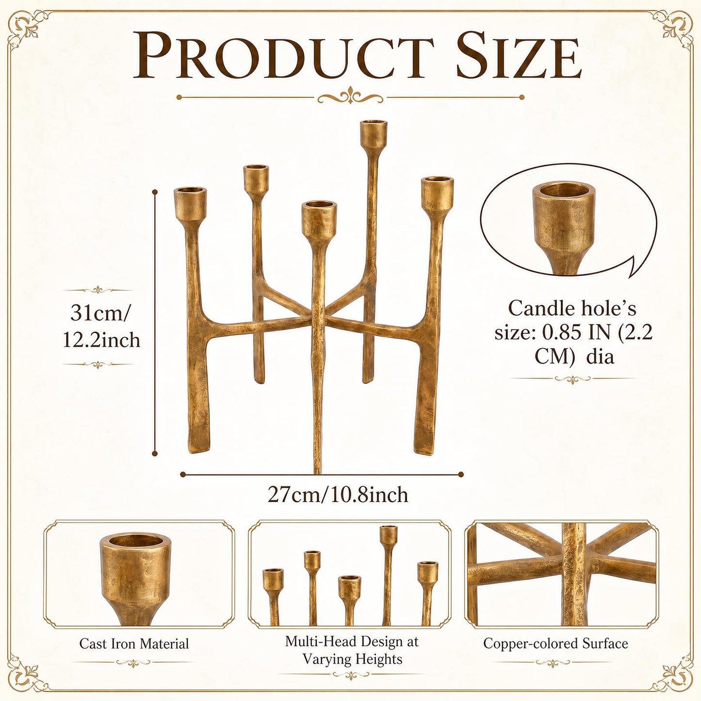 Ferrochef 5 Candle Cast Iron Candelabra Multi Head Taper Candle Holders 11.8 Inch Tall Decorative Candlestick Holders for Dining Room, Living Room or Mantel Decor