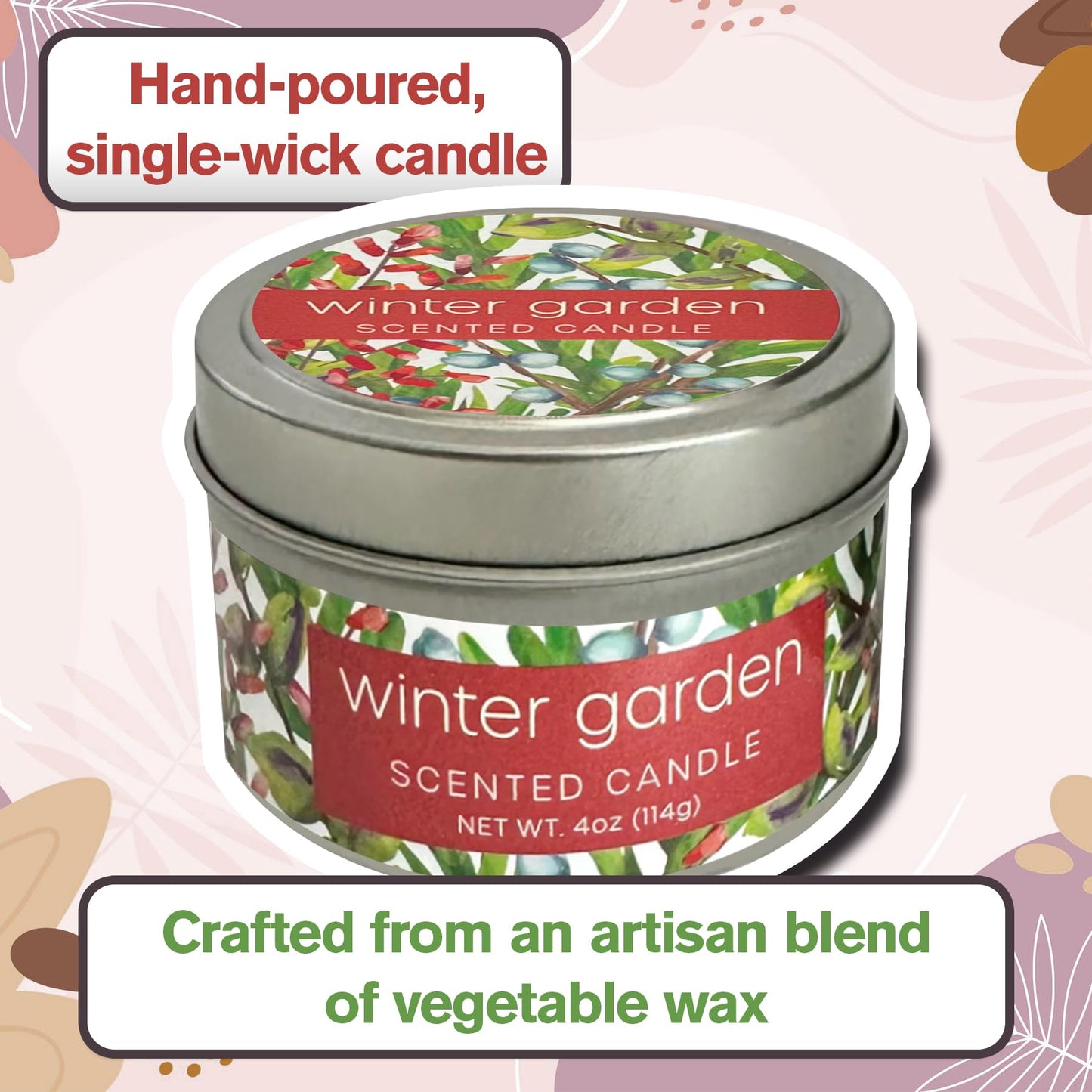 Greenwich Bay Hand-Poured Scented Candle in Decorative Tin – 4 oz/114 g Travel Candle with Lead-Free Wick, Vegetable Wax, Long-Burning Aromatherapy Gift, Single Wick – Made in USA (Winter Garden)