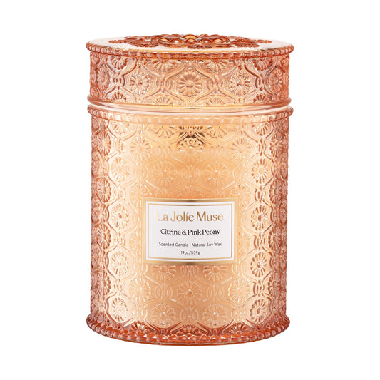LA JOLIE MUSE Citrine & Pink Peony Scented Candle | Bergamot, Peony & Amber | 19 oz Large Wooden Wick | Natural Soy Wax | 90-Hour Clean Burn | Gift-Ready for Hosts & Gatherings